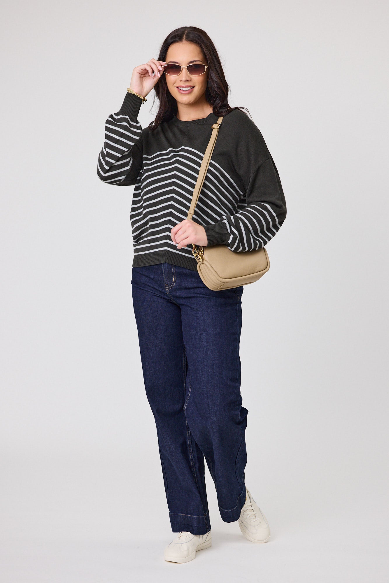 Alpine by Shine On Women's Chevron Stripe Knit Jumper Sweater - Olive Grey | Cozy Winter Pullover for Casual Outfits & Office Wear