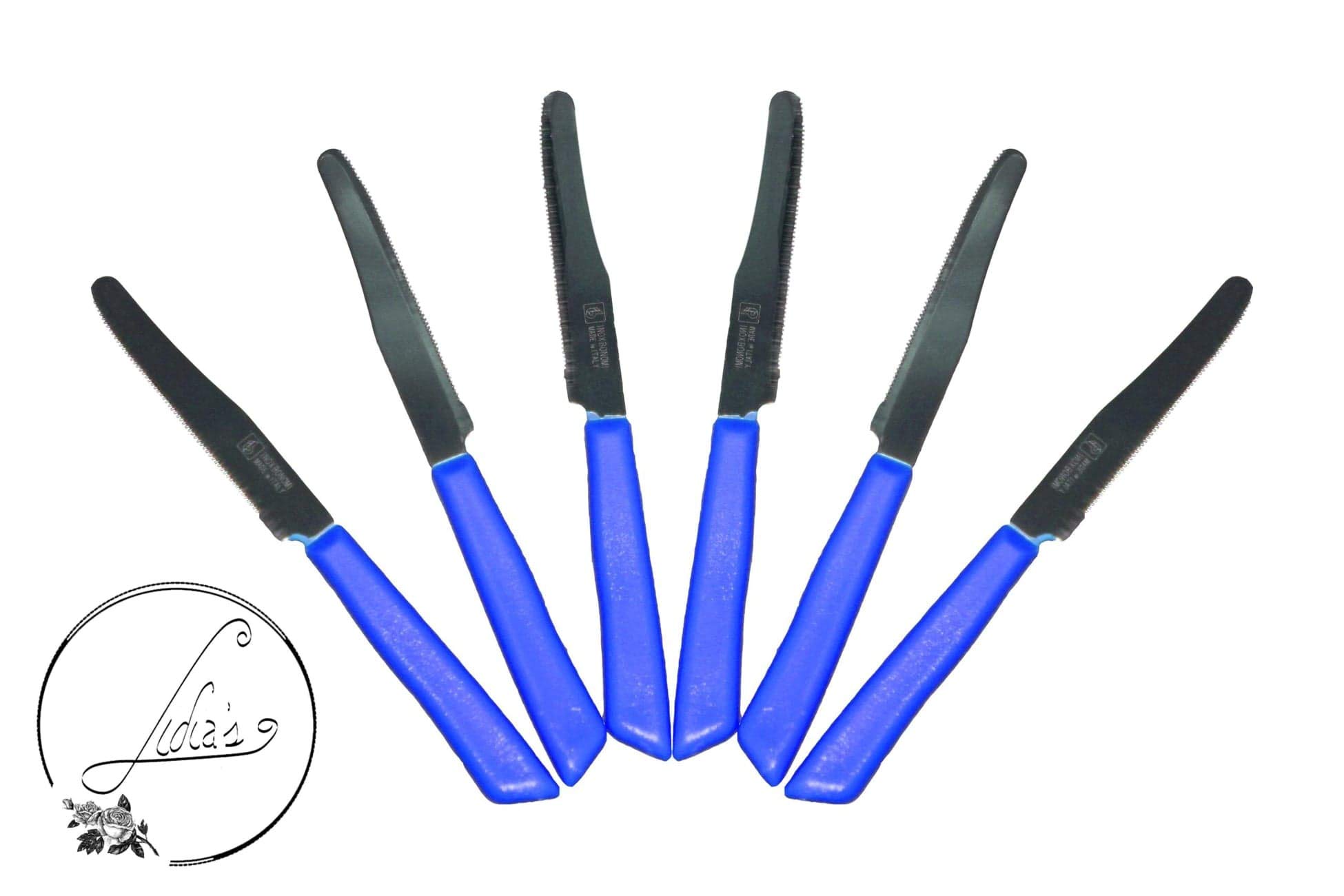 Premium Italian Steak Knives Set - 6-Pack Stainless Steel with Blue Handle - Professional Kitchen Cutlery for Steak, Meat & Fine Dining - Perfect for Restaurants, Home Chefs & Gifts