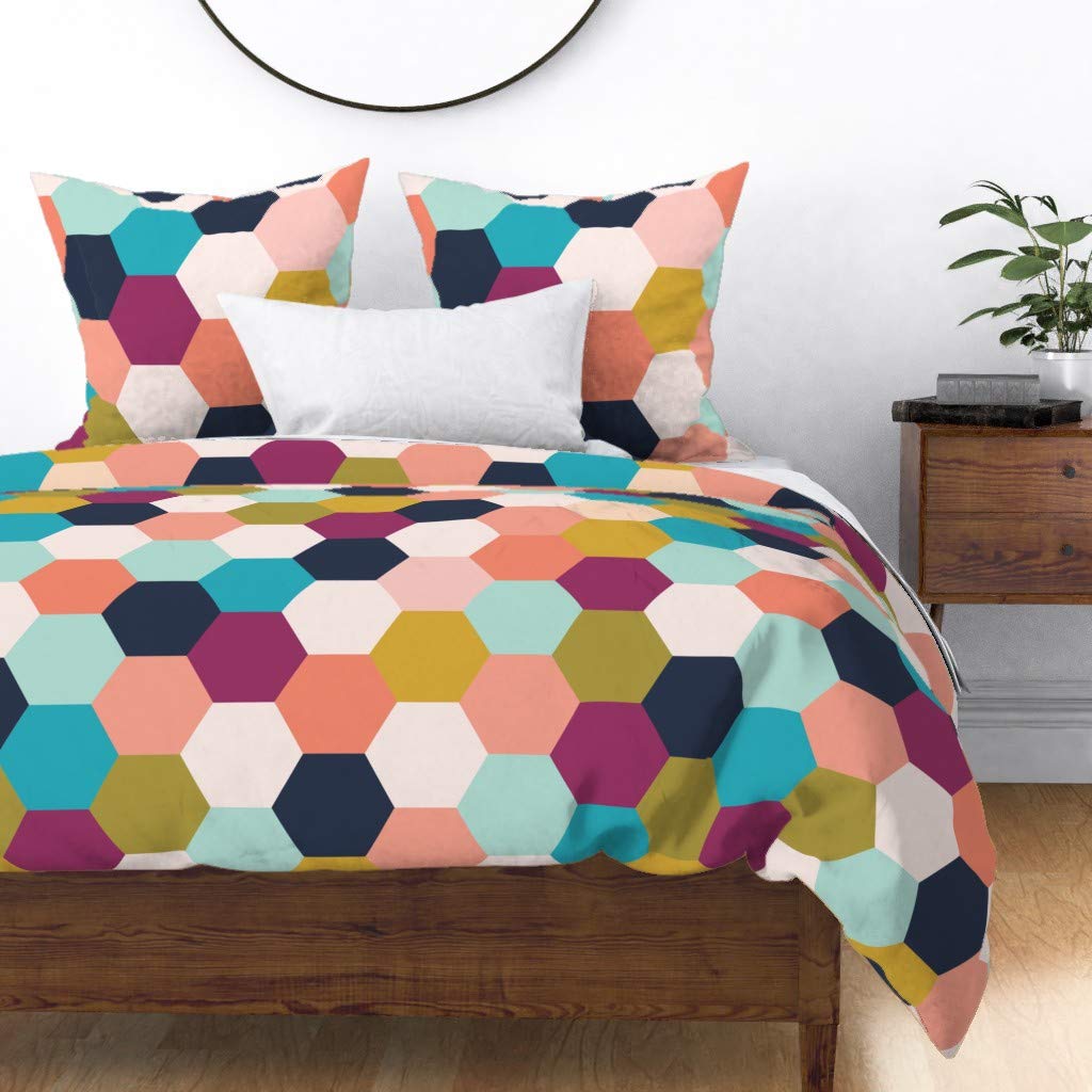 Premium Cotton Sateen Duvet Cover King/California King Size - Hexagon Geometric Coral Print Cheater Quilt Top | Soft Luxury Bedding for Master Bedroom & Guest Room