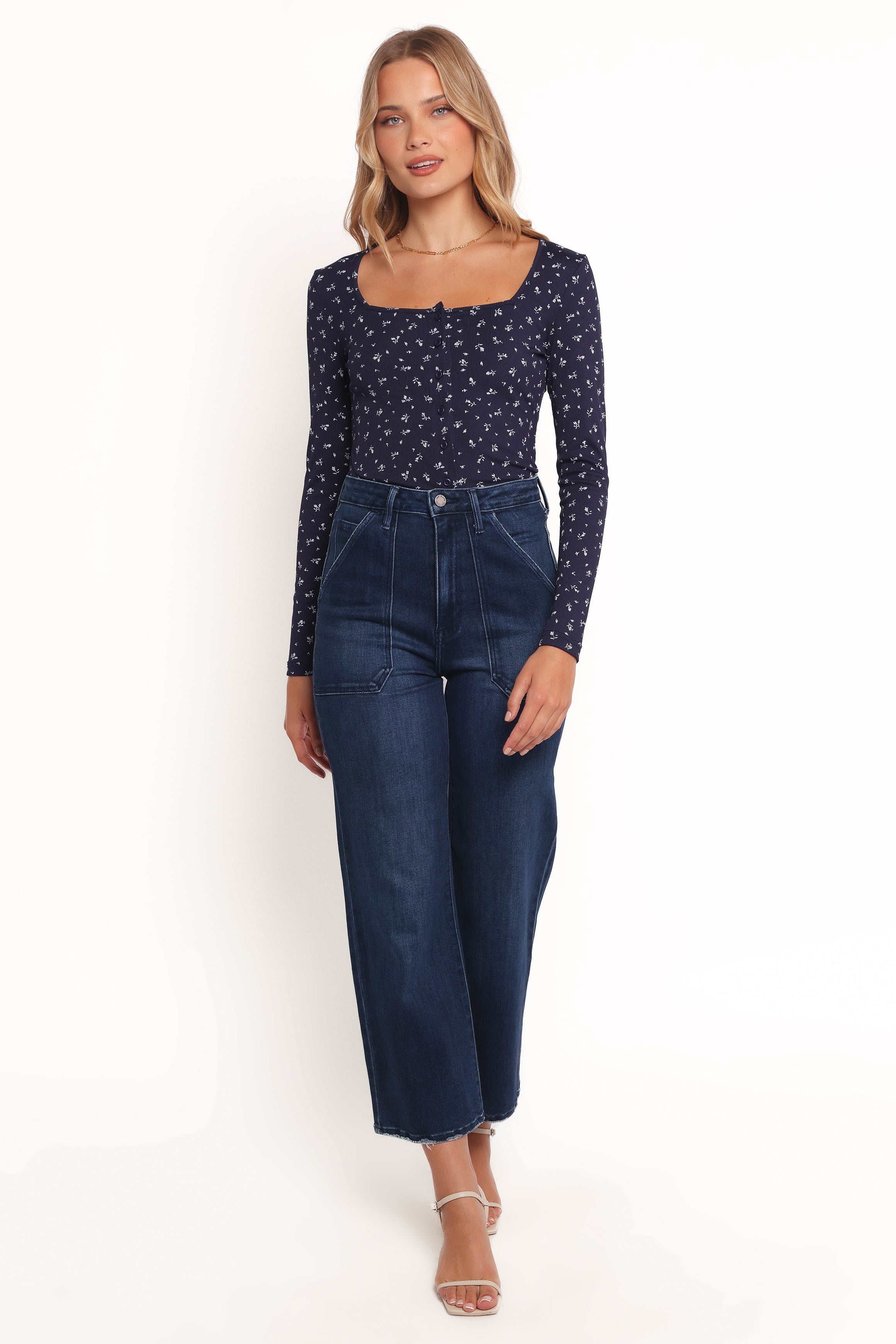 Keanu Women's Long Sleeve Blouse - Navy Blue Floral Print Ditsy Pattern Tops for Casual Wear & Office Outfits