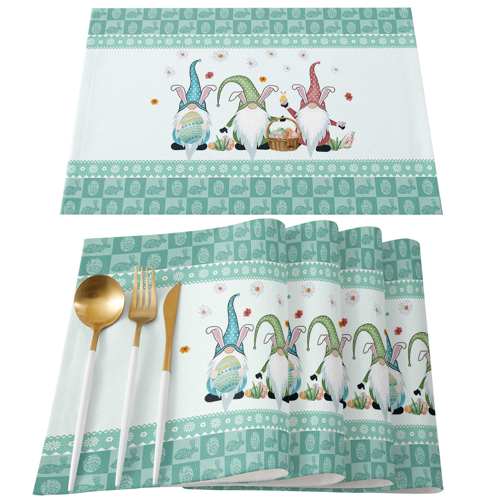 6-Pack Easter Themed Placemats - Water Duck, Green Plaid, Gnome & Bunny Design Washable Table Mats for Dining Table, Kitchen & Restaurant | Perfect for Easter Party Decorations & Holiday Gatherings