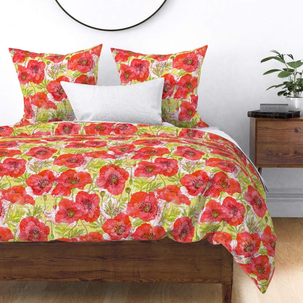 Poppies Botanical Floral Cotton Sateen Duvet Cover Full/Queen Size - Watercolor Wedding Flowers & Greenery Print Custom Bedding for Home Decor & Guest Room