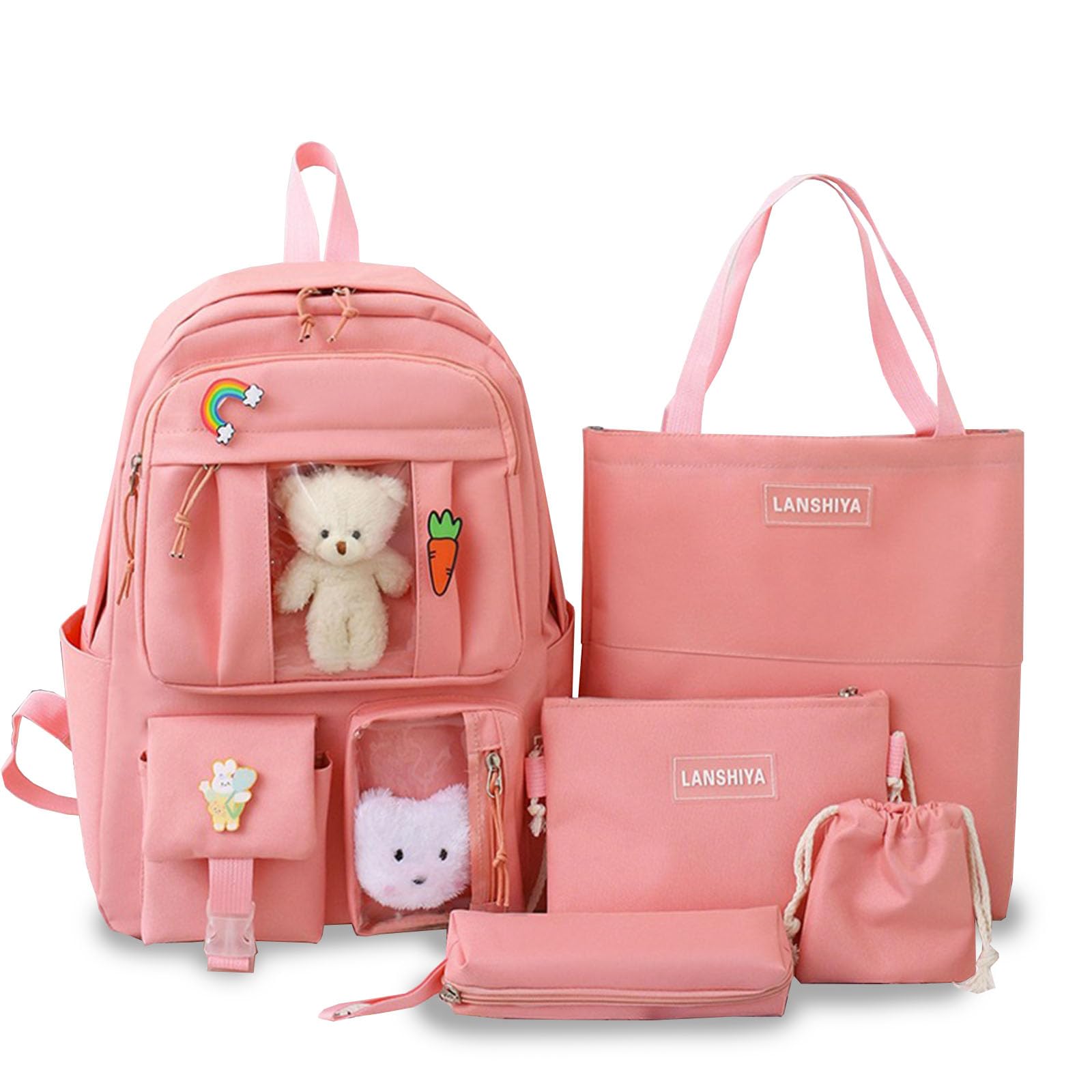 4Pcs Kawaii Cute Backpack Set for School - Aesthetic Pink Backpack with Accessories | Kawaii School Supplies for Girls, Teens & College Students | Perfect for Class, Travel & Daily Use