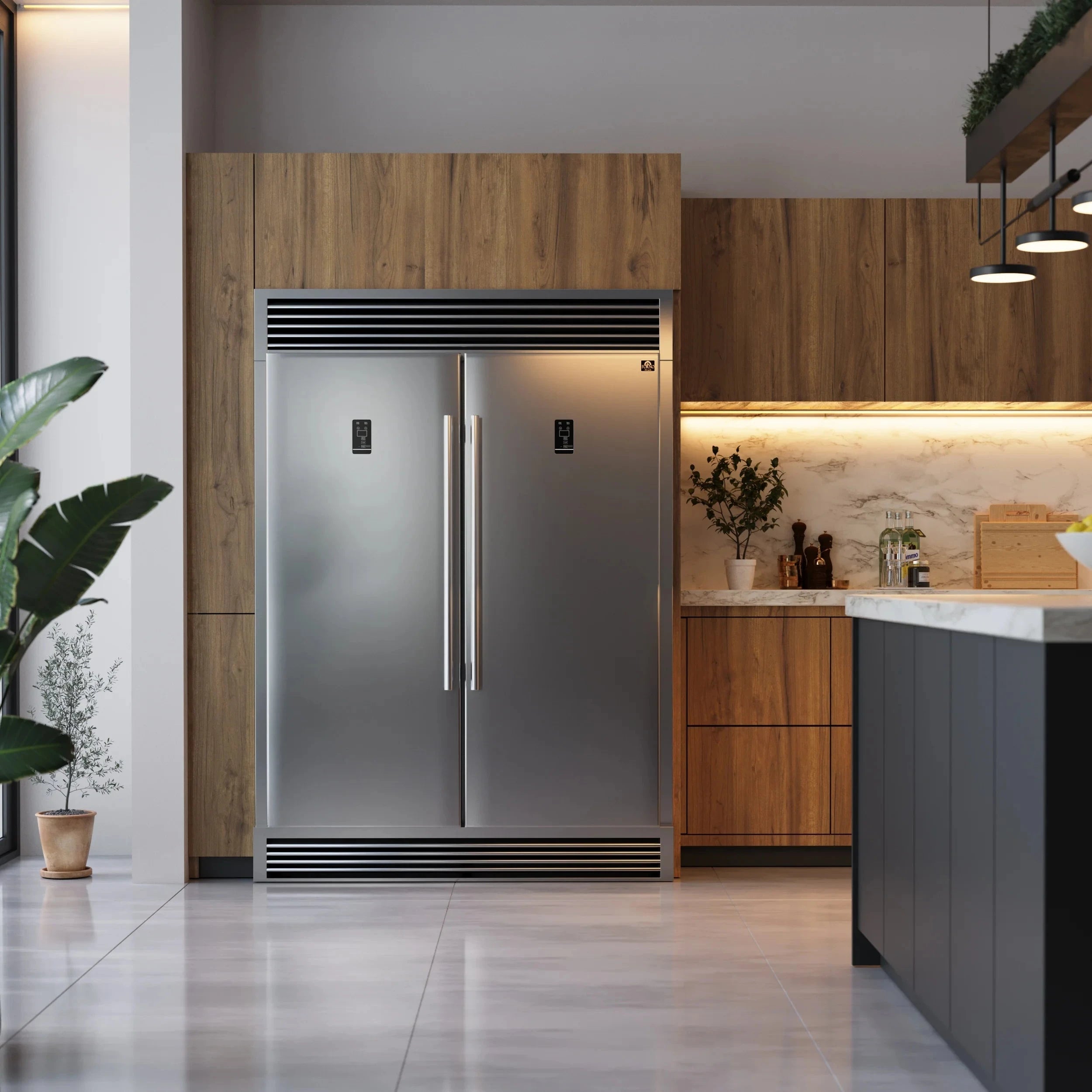 48 Inch Professional Gas Range with Wall Mount Range Hood & FBDL 019 05US Refrigerator - Complete Forno Appliance Package for Modern Kitchen | Perfect for Home Chefs & Entertaining