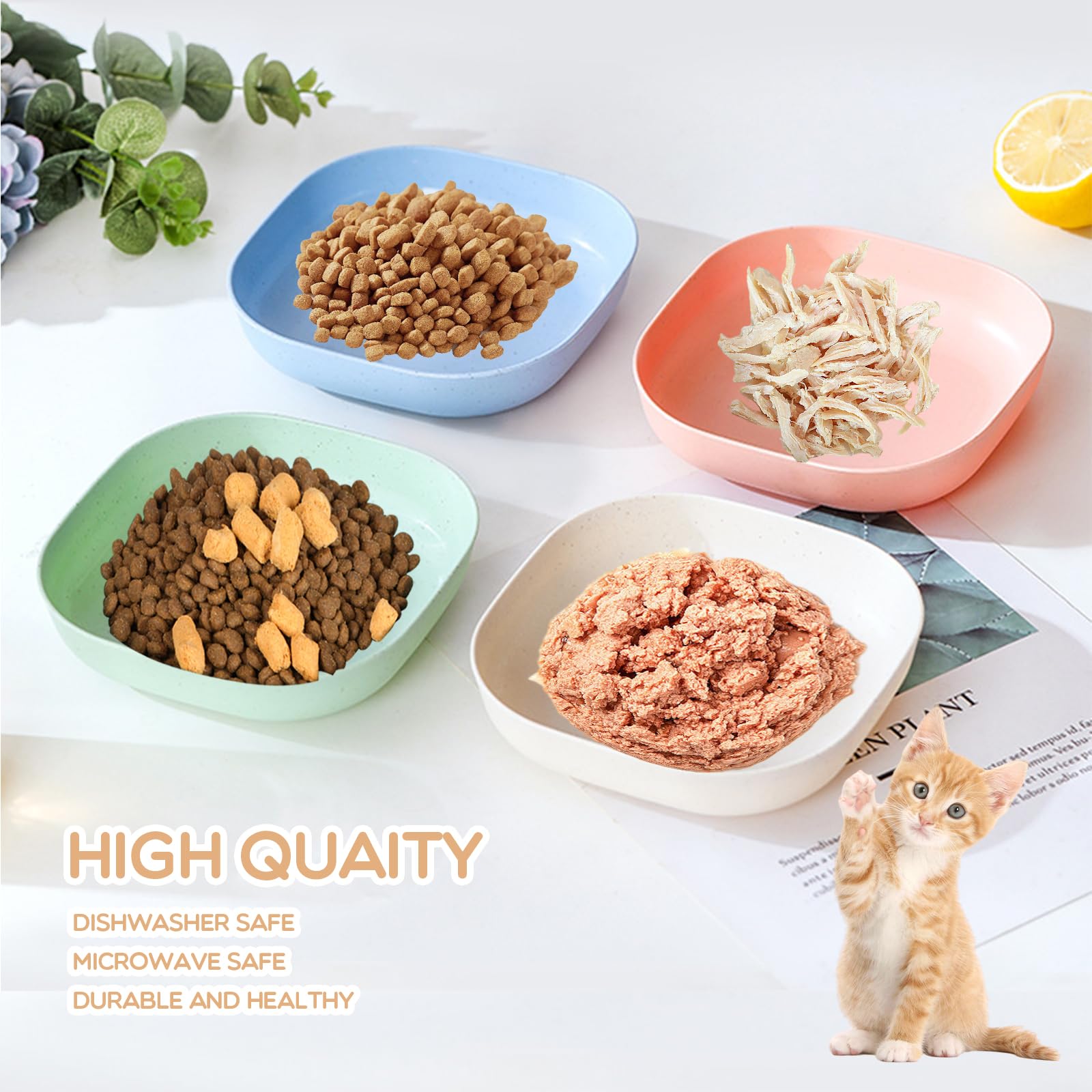 HMDZMR 6 Inch Shallow Cat Food Bowls - 4Pcs Whisker Fatigue Free Cat Dishes for Kittens & Short Legged Cats - Perfect for Wet Food & Easy Feeding at Home or Travel