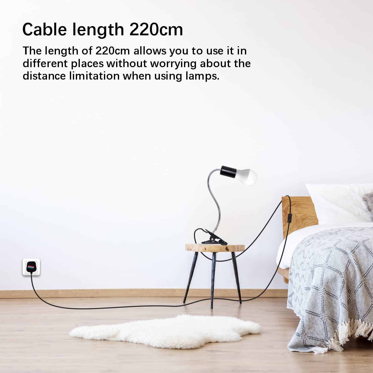 Clip on Desk Lamp with E27 Socket - Adjustable 35cm Gooseneck & 220cm Power Cord, 60W Clamp Light for Study, Office, Bedroom (Bulb Not Included) - Perfect for Reading, Crafting & Nightstand Lighting