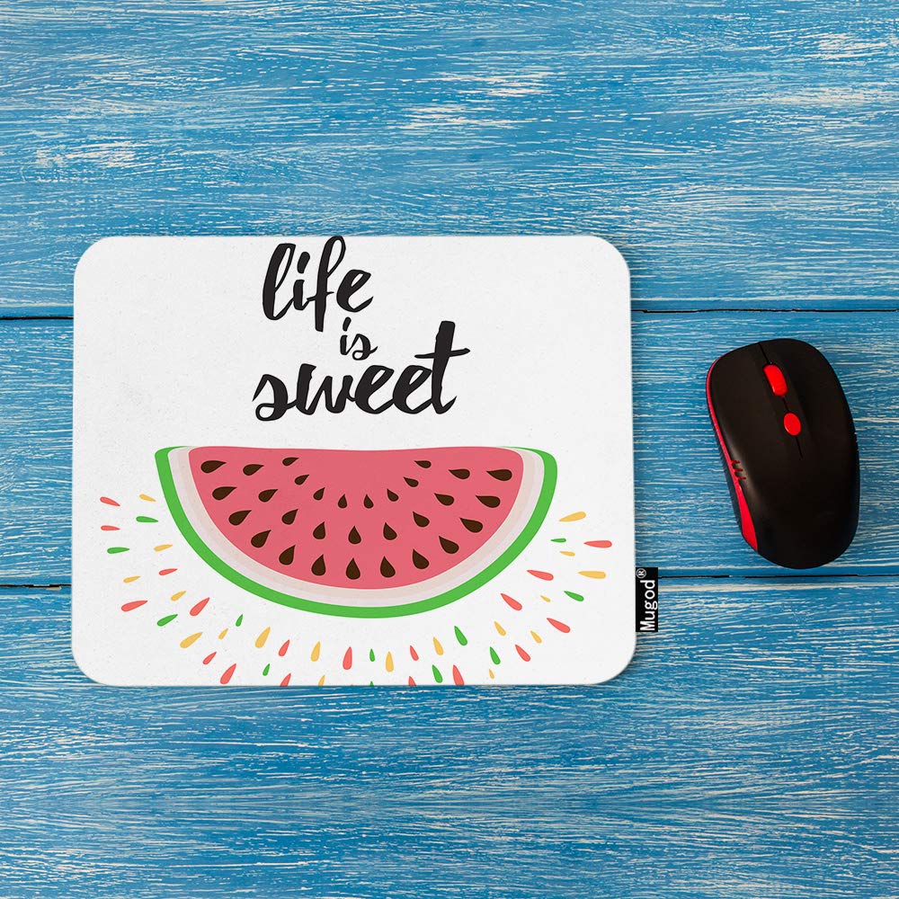 Non-Slip Rubber Base Gaming Mouse Pad - 'Life is Sweet' Positive Quote Design with Watermelon Pink & Green Theme for Computer, Laptop, PC Desk | Perfect for Office, Home Working & Summer Decor (9.5x7.9 Inch)