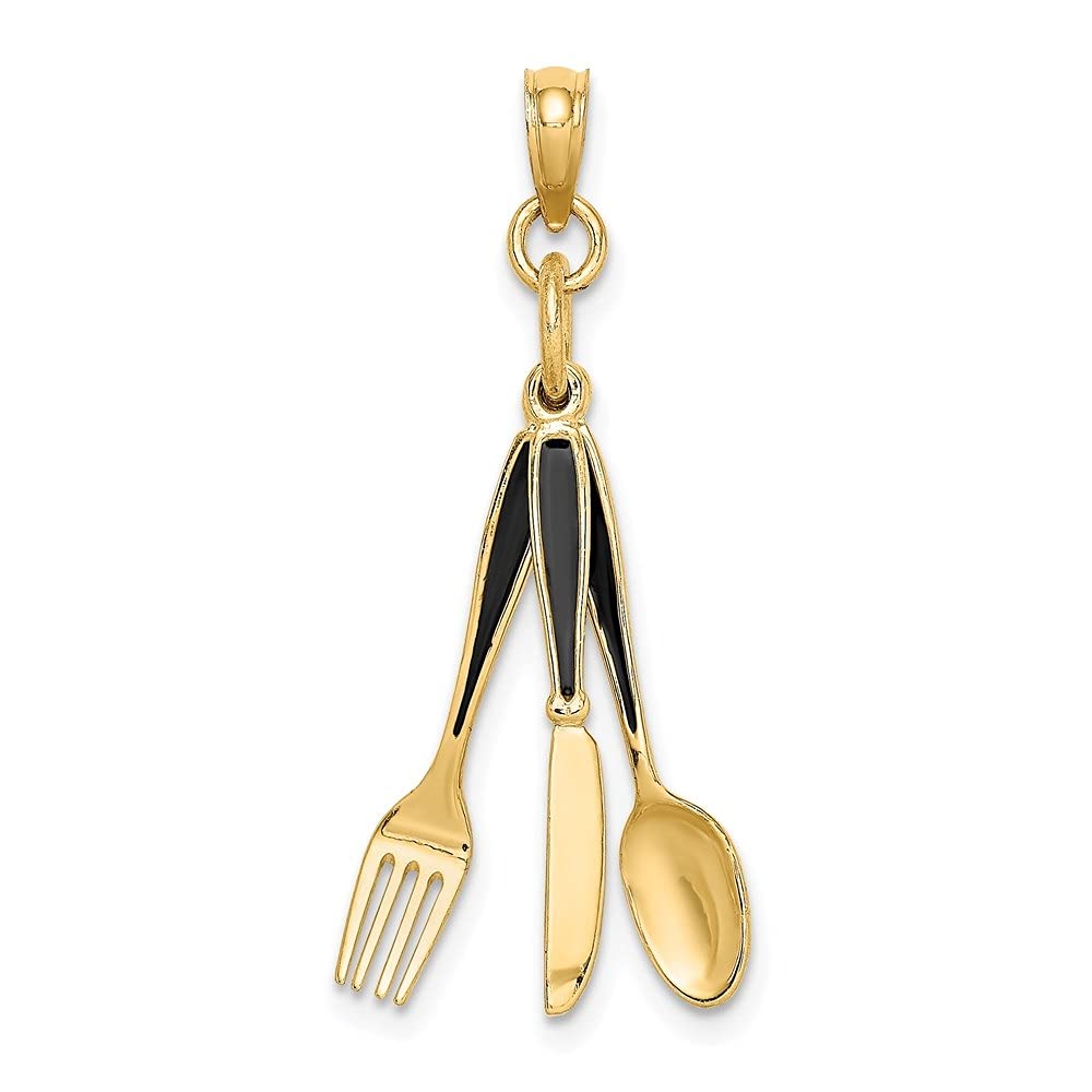 14K Yellow Gold 3D Enamel Knife Fork Spoon Movable Charm Pendant - Fine Jewelry for Women (23mm Length, 17mm Width) - Perfect for Bracelets, Necklaces & Gift Giving