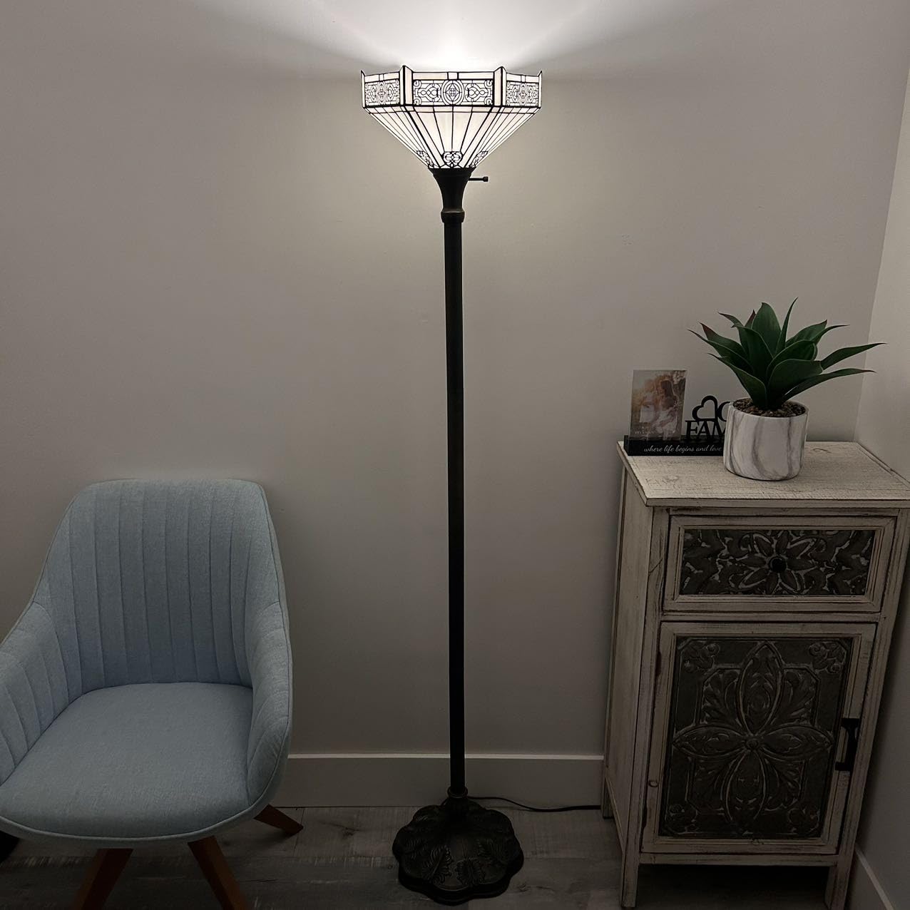 Tiffany Torch Floor Lamp - White Stained Glass Hexagon Mission Style - 12