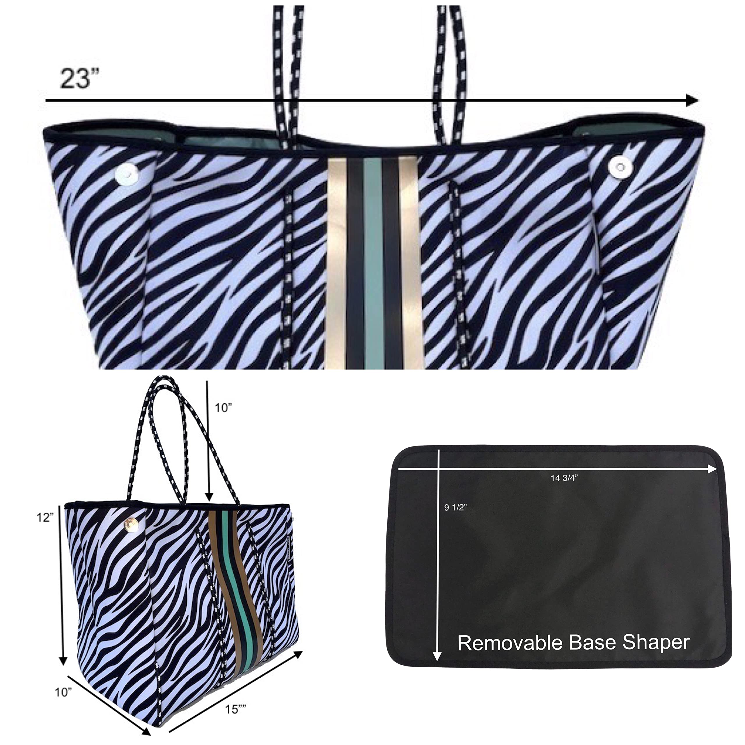 Neoprene Tote Bag for Women - Large Foldable Beach Bag, Gym & Pool Tote - Black White Zebra Stripe Design - Perfect for Travel, Swimming, Yoga & Shopping