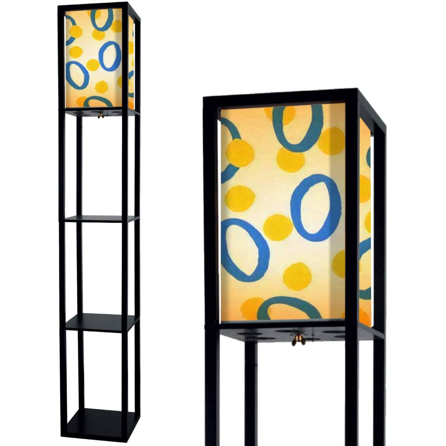 Hand Painted Blue and Yellow Seamless Pattern Floor Lamp with Shelves & Flaxen Fabric Shade - Tall Standing Corner Lamp for Living Room, Bedroom - Aesthetic Home Decor for Reading Nook, Cozy Nights & Modern Interior Design