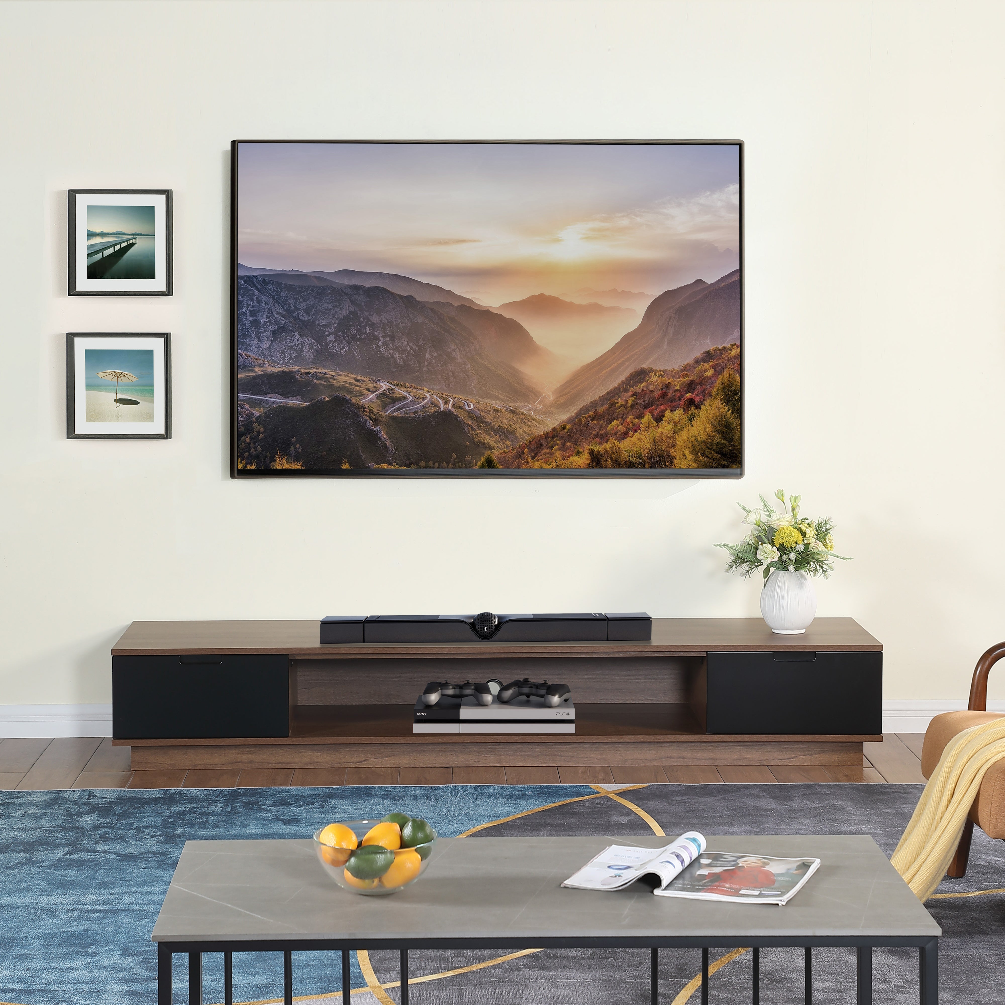 Taurs Dark Oak Rio Entertainment Center - 2200mm Low Line TV Cabinet & Media Storage Unit for Living Room, Home Theater, and Gaming Setup
