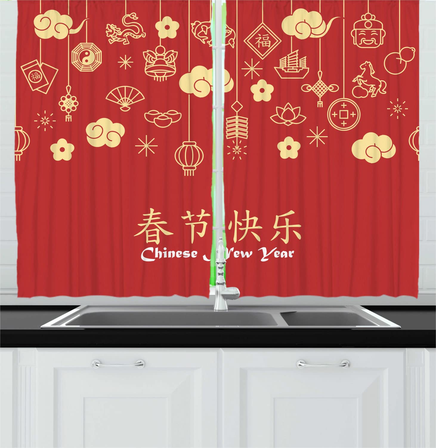 Ambesonne Chinese New Year Kitchen Curtains - Oriental Celebration Swirling Clouds & Ornaments, 2 Panel Rod Pocket Drapes 55