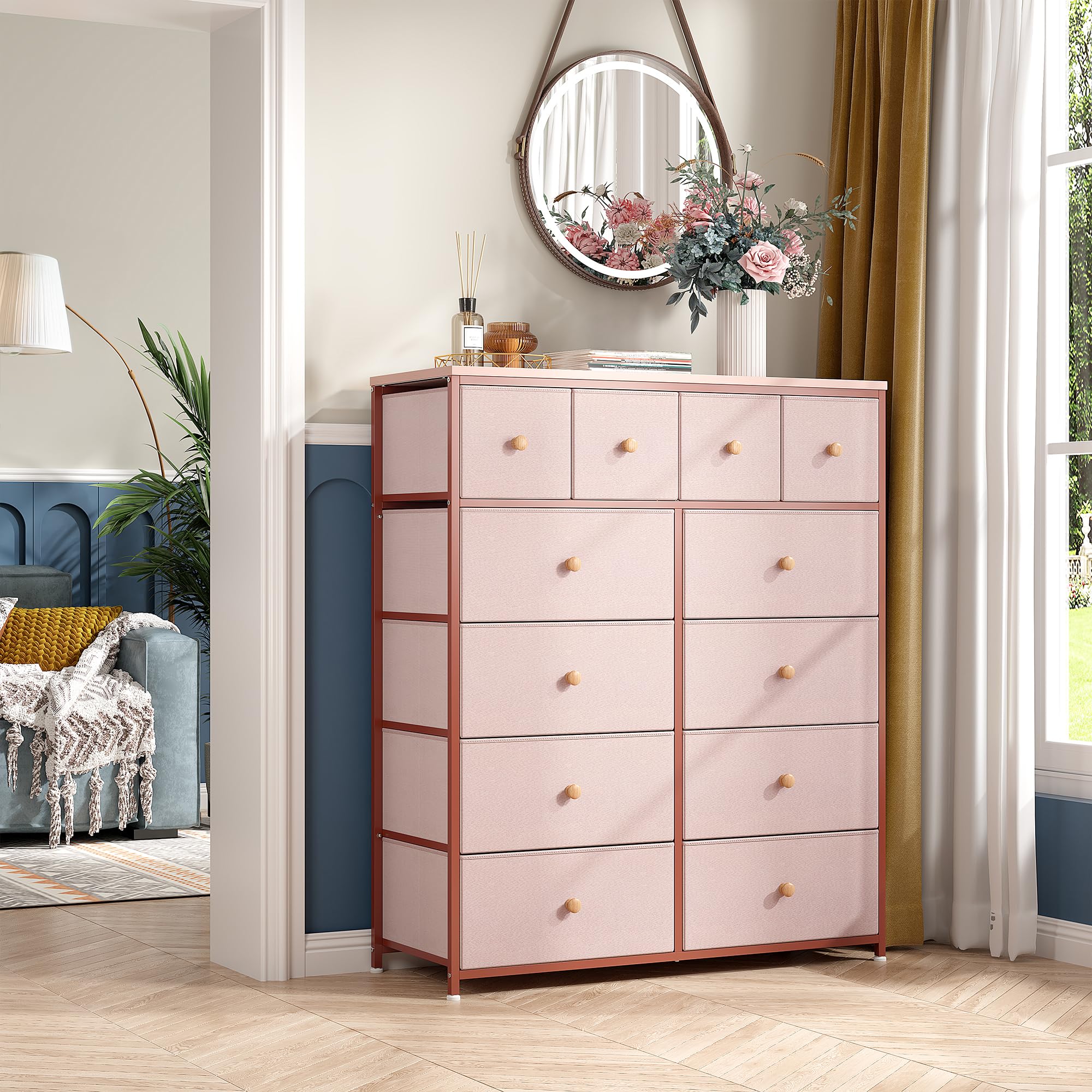 Pink Dresser for Girls Bedroom - 12 Drawer Storage Organizer with Sturdy Metal Frame & Wooden Top | Fabric Dresser & Chest for Nursery, Closet Organization | Perfect for Kids Room, Teen Bedroom & Dorm Storage