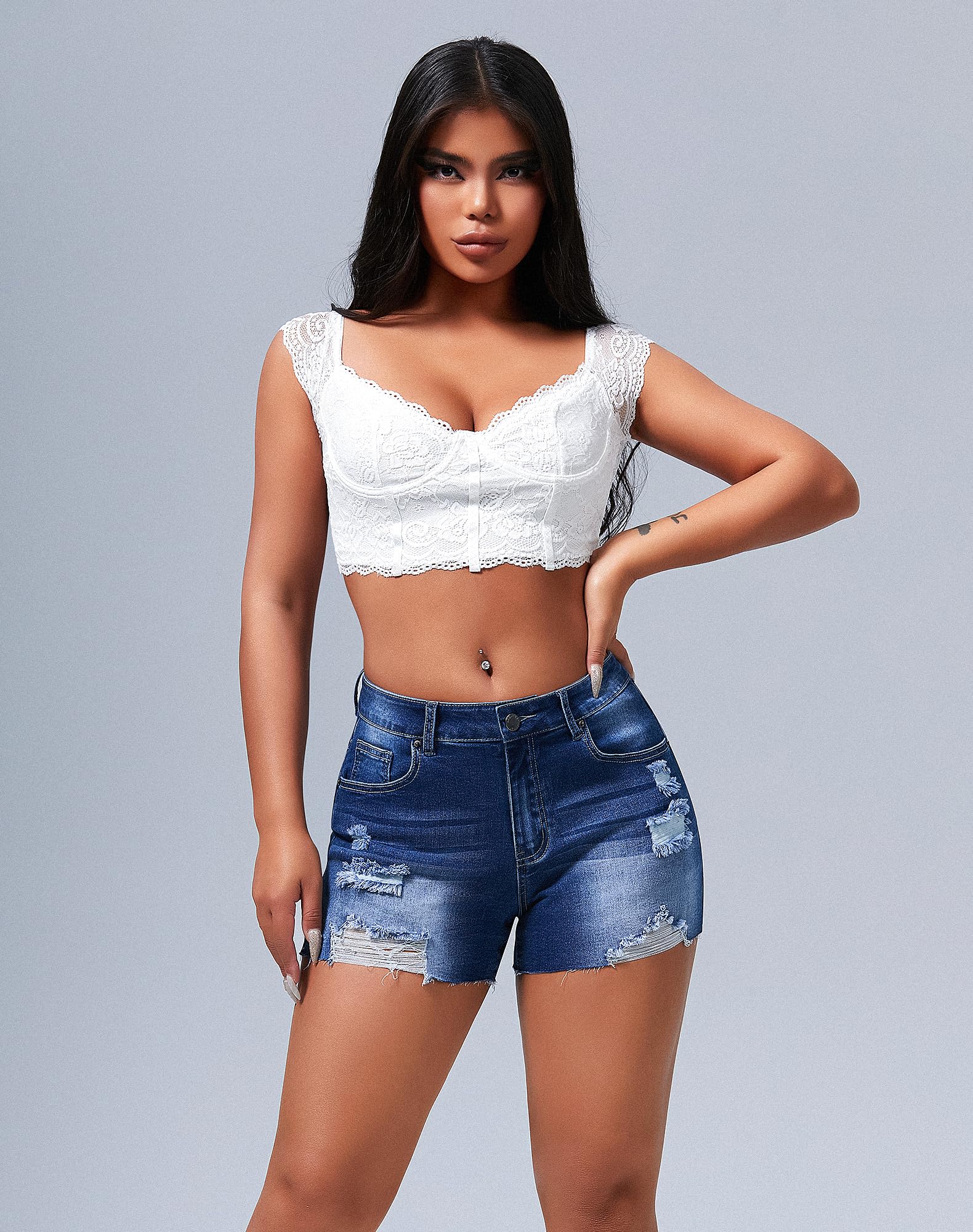 Roswear Women's Mid Rise Ripped Stretchy Cut Off Denim Jean Shorts - Comfortable Distressed Denim Shorts for Summer | Perfect for Casual Outfits, Beach Days & Music Festivals