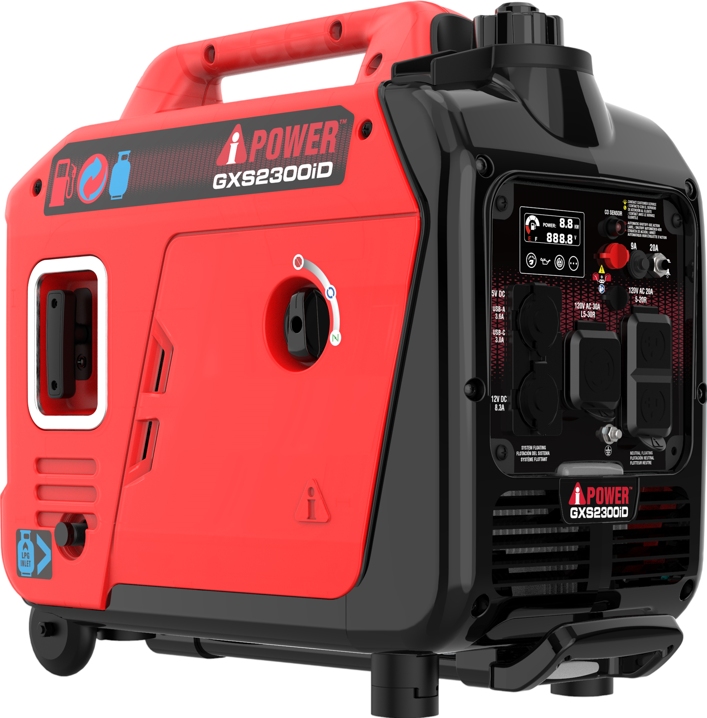 iPower GXS2300iD 1800W/2300W Dual Fuel Portable Inverter Generator - Gas & Propane Powered, Low THD, CO Alert - Perfect for Camping, RV Trips & Emergency Power Backup