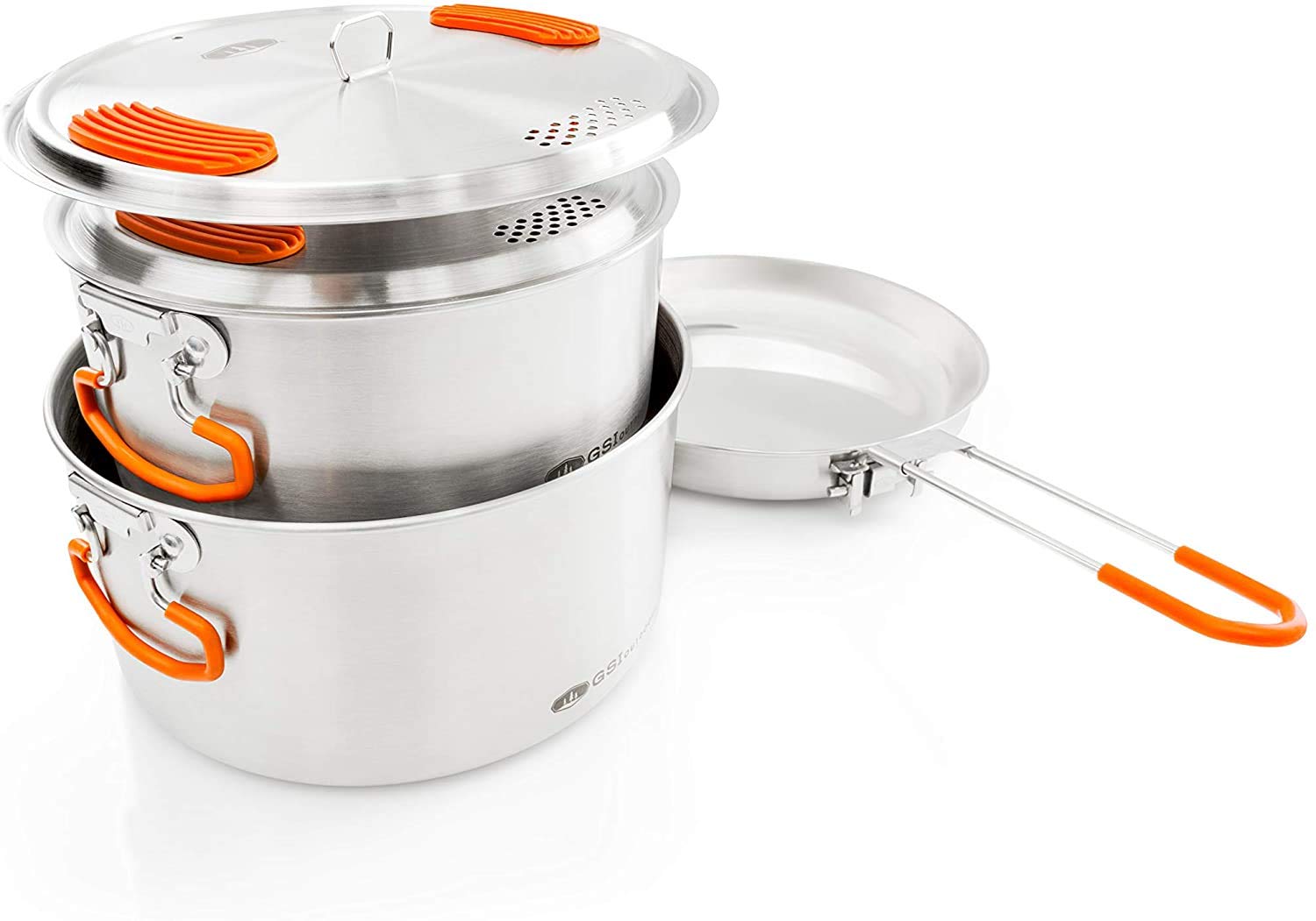 GSI Outdoors Glacier Stainless Steel Camping Cookset - Large 3-Piece Pot & Pan Set for Backpacking, Hiking, RV Trips - Compact & Durable Outdoor Cooking Gear for Campers