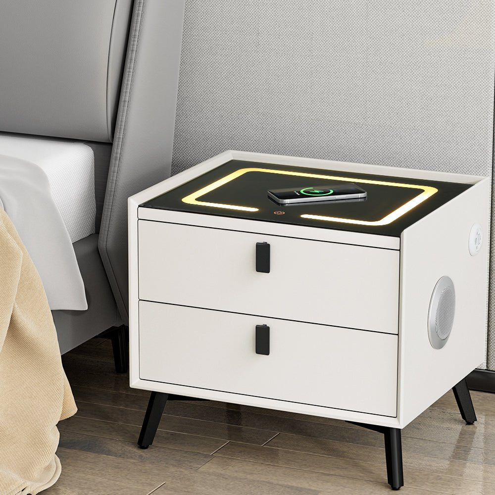 Aika Smart Bedside Table with Wireless Charging, LED Lights & Bluetooth Speaker - Modern Nightstand for Bedroom, Office, or Dorm - White