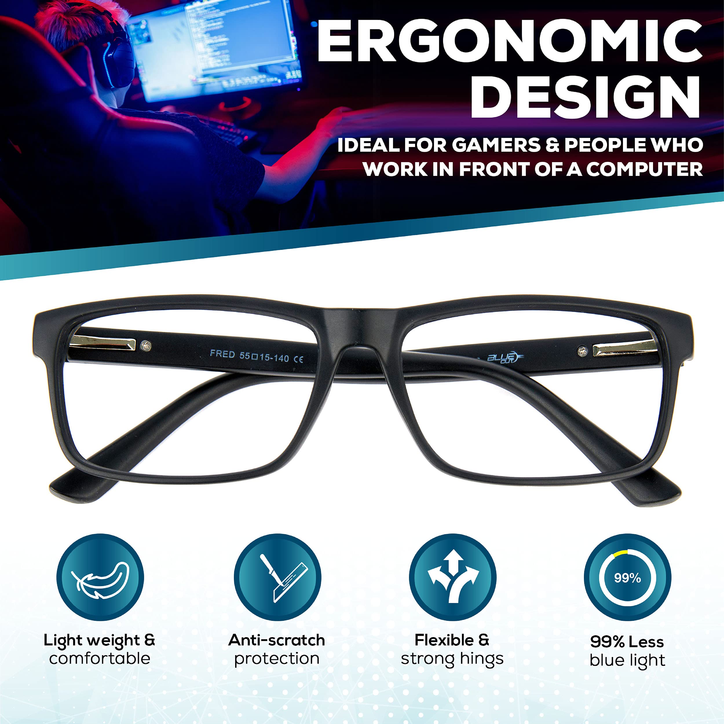 2 Pack Blue Light Blocking Glasses for Computer & Gaming - Anti-Fatigue, Anti-Headache Glasses with UV Protection - Perfect for Office Work, Online Classes & Late-Night Gaming Sessions