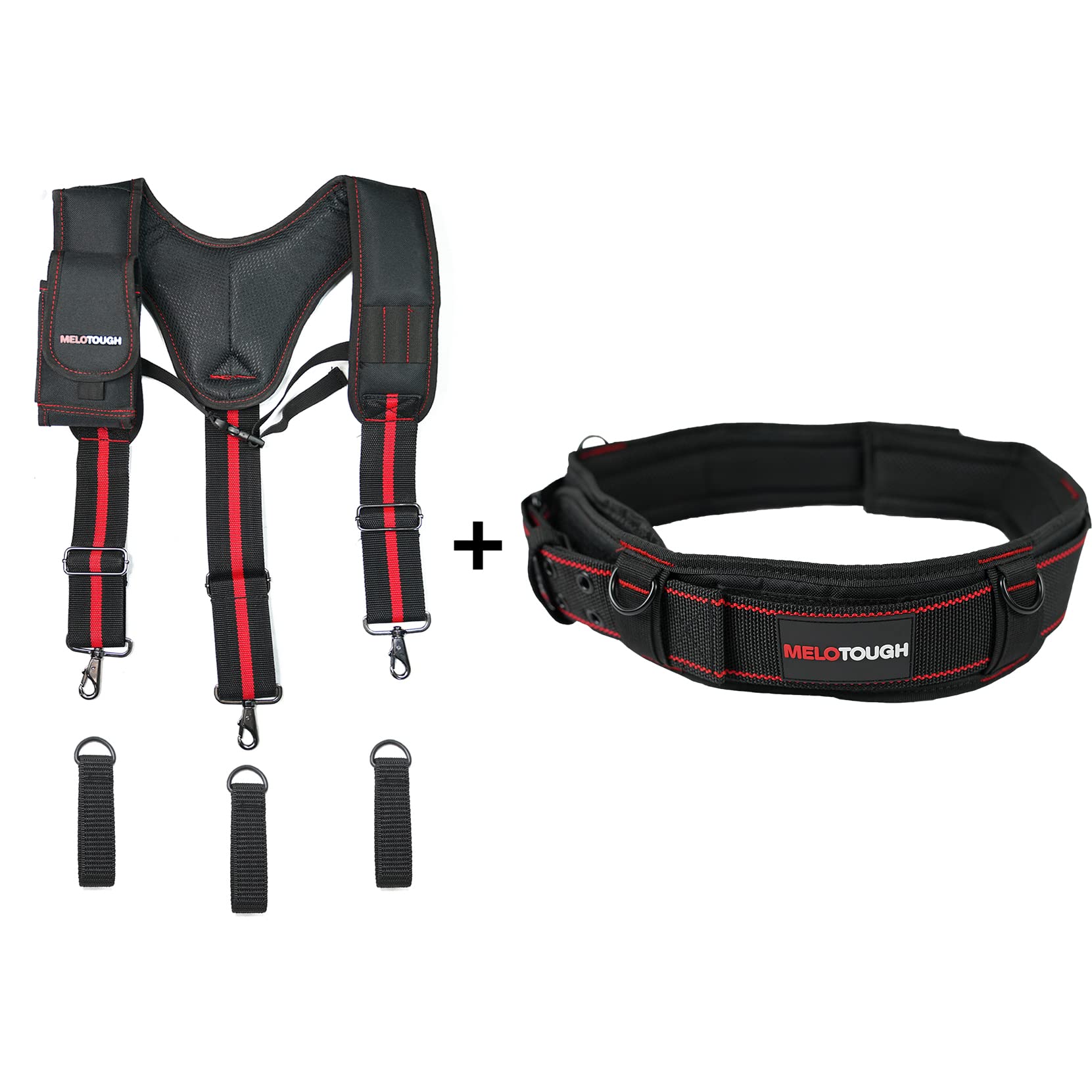 Premium MELOTOUGH Work Suspenders & Tool Belt Set - Adjustable Construction Suspenders with Large Moveable Phone Holder, Padded Tool Belt with Handle Strap & D-Ring for Hooks | Ideal for Construction Workers, Carpenters, Electricians & DIY Projects