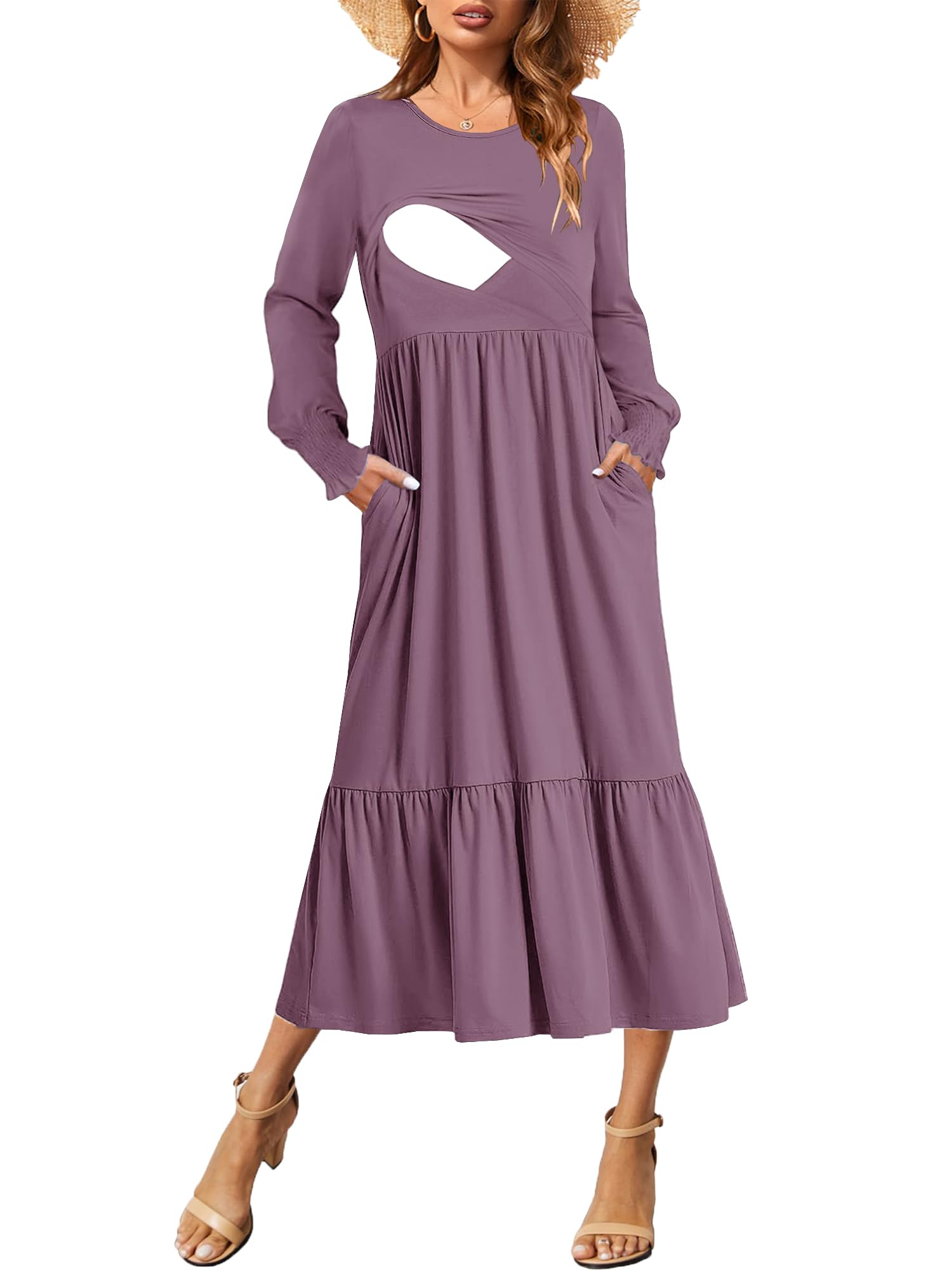 Stylish Women's Nursing Dress - Crew Neck Maternity Dress with Long Sleeves, Smocked Cuffs & Pockets | Flowy Tiered Design for Fall Cocktail Parties, Breastfeeding & Everyday Comfort