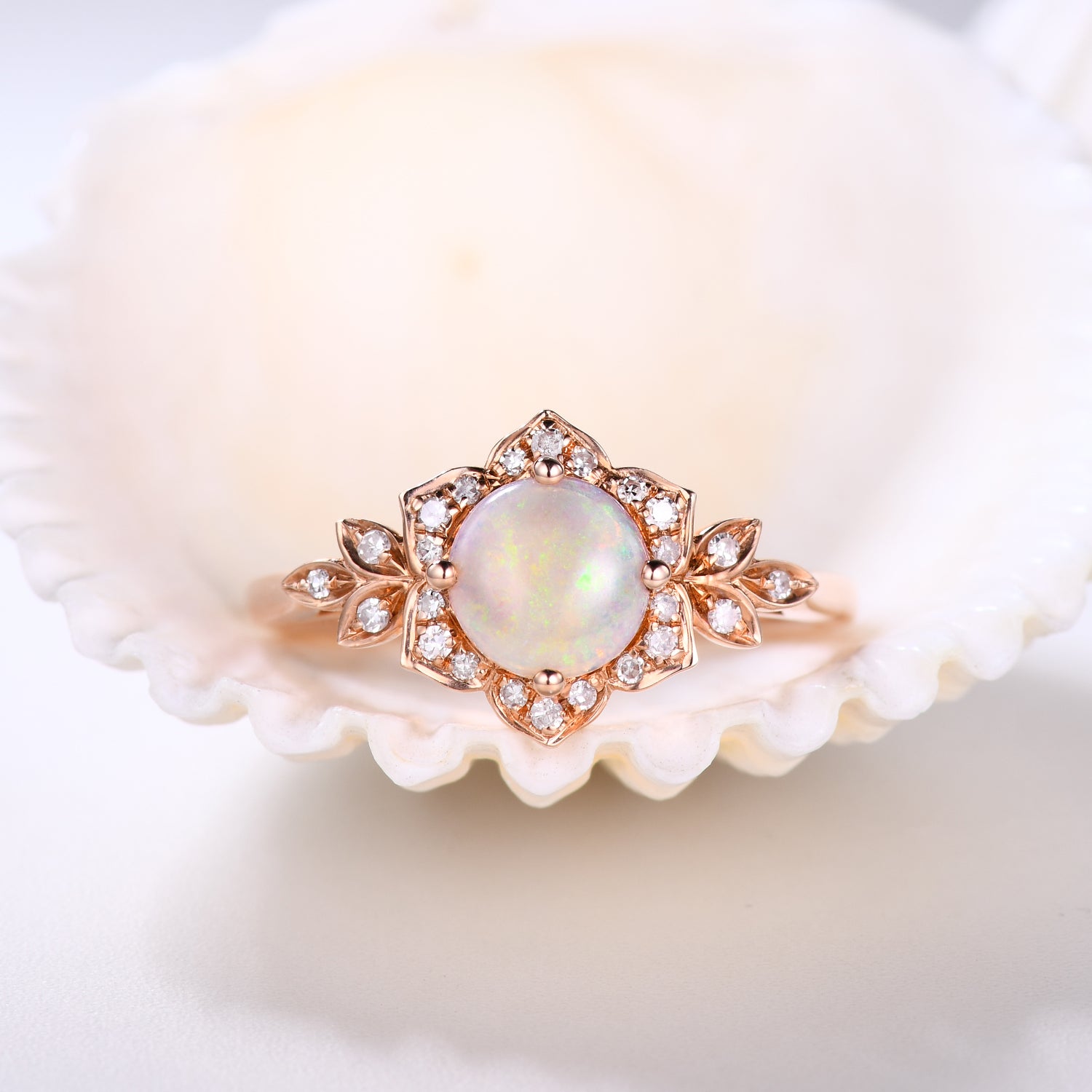 Round White Opal and Moissanite Diamond Engagement Ring - Halo Floral Design for Wedding, Proposal & Anniversary Gifts