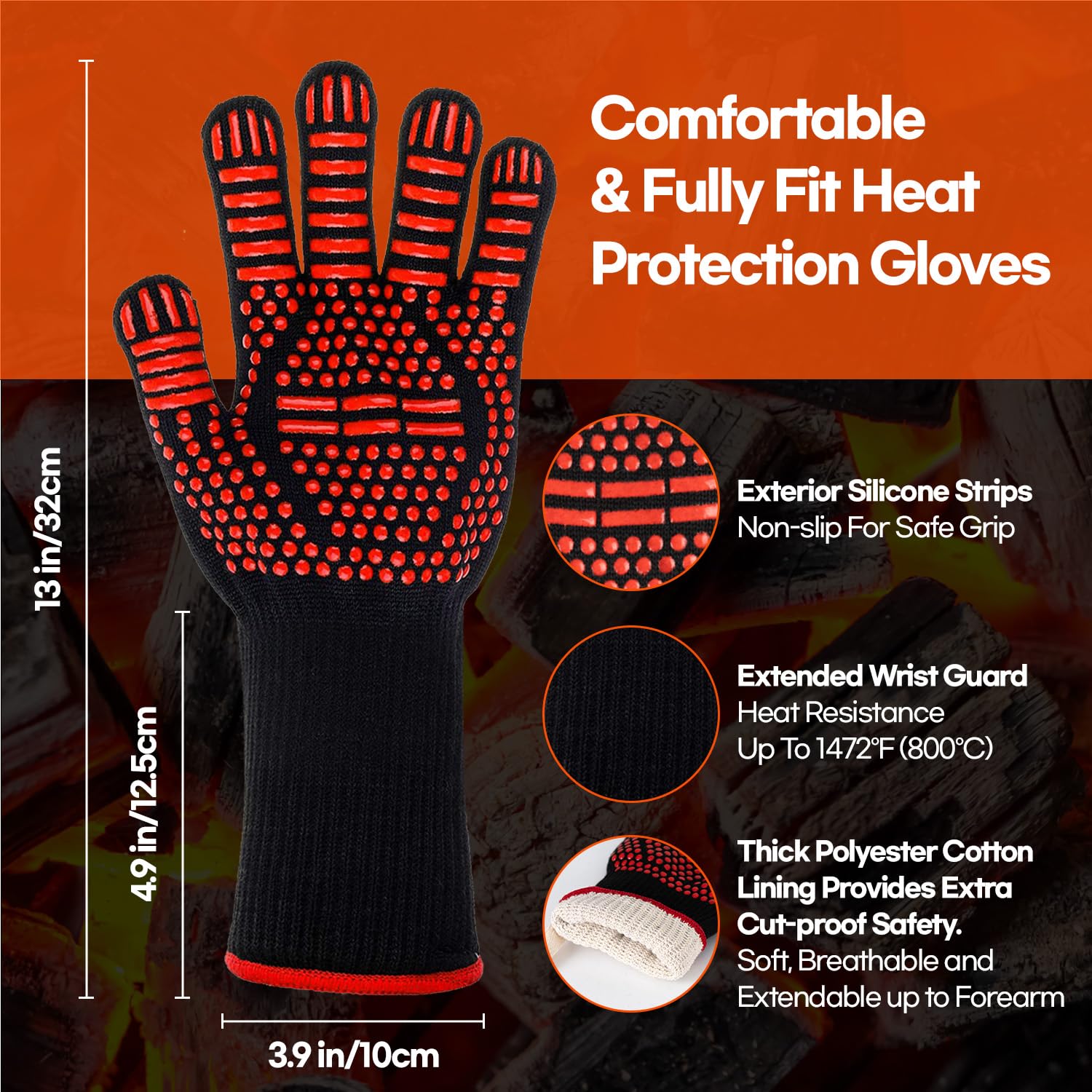 Heat Resistant Grill Gloves - 1472°F/800°C Fireproof Oven Mitts for BBQ, Grilling, Baking & Kitchen Safety - HubiCare Premium Cooking Gloves