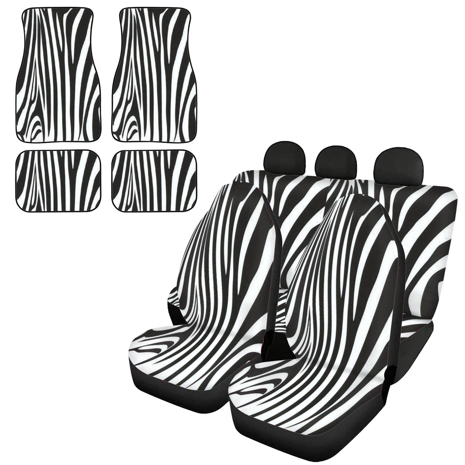Zebra Print Car Seat Covers Full Set with 4-Piece Floor Mats - Universal Fit for Most Cars - Front & Rear Seat Protectors with Headrest Covers - Stylish Auto Interior Decor for SUVs, Sedans & Trucks
