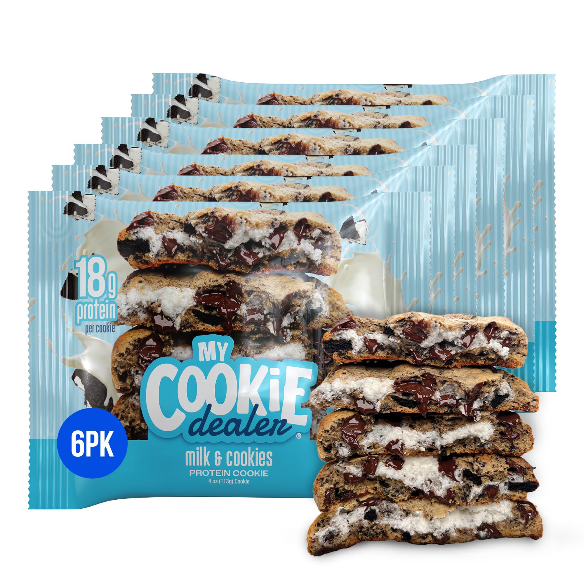 My Cookie Dealer Protein Cookies, Milk and Cookies Flavor (6-Pack, 4oz Each) - High Protein Snack with 18g Protein per Cookie | Made with RAW Nutrition Protein | Individually Wrapped for Travel, Gym & On-the-Go Healthy Snacking