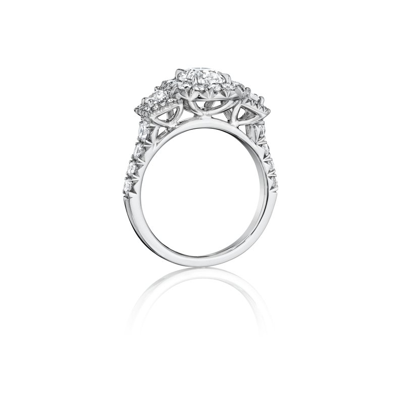 Exquisite Three Stone Halo Engagement Ring - 14K White Gold Diamond Wedding Band for Women - Perfect for Proposals, Anniversaries & Romantic Occasions