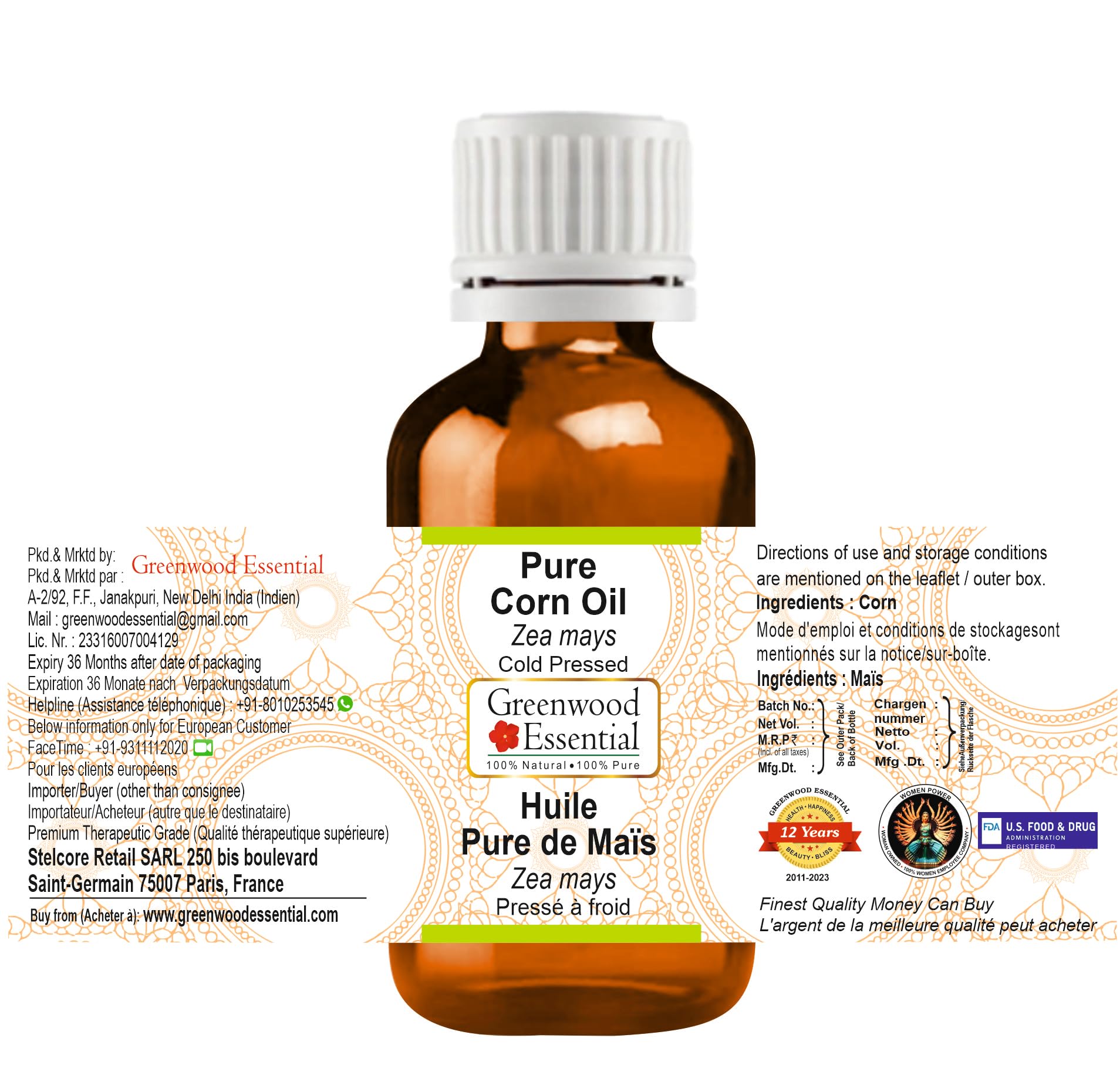 Pure Cold-Pressed Corn Oil (Zea mays) - 100% Natural Therapeutic Grade - 50ml (1.69oz) for Cooking, Skincare & Hair Care | Greenwood Essential