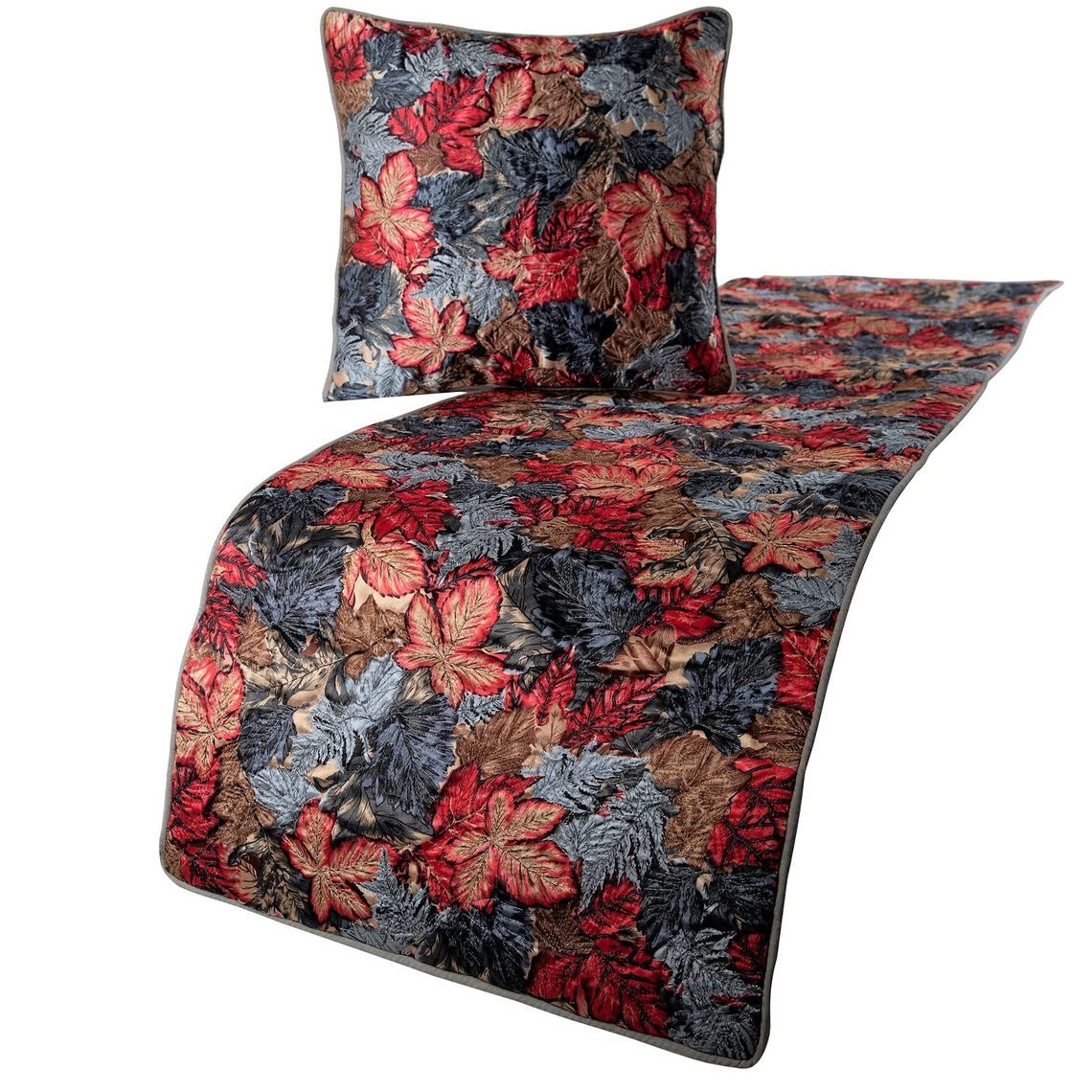 Handmade Quilted Leaf Designer King Size Bed Runner with Decorative Throw Pillow Cover - 90 x 18 Inch Satin Embroidery Bed Scarf for Luxury Bedroom Decor | Perfect for Spring Maple Theme, Master Bedroom Accent & Hotel Style Home Staging