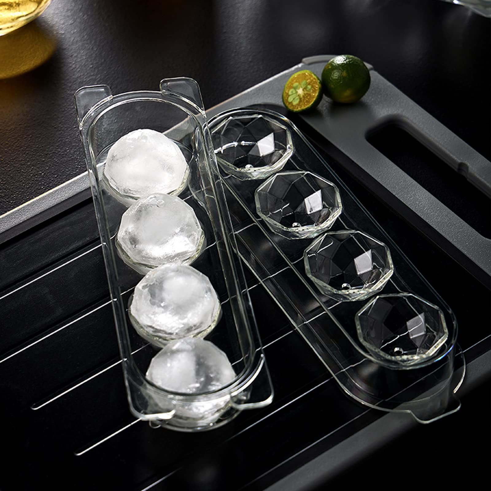 2 Pcs Round Ice Cube Molds with Tongs & Lids - Diamond Ball Ice Cube Freezer Tray for Cocktail & Whiskey - Perfect for Home Bars, Parties, and Chilled Beverages