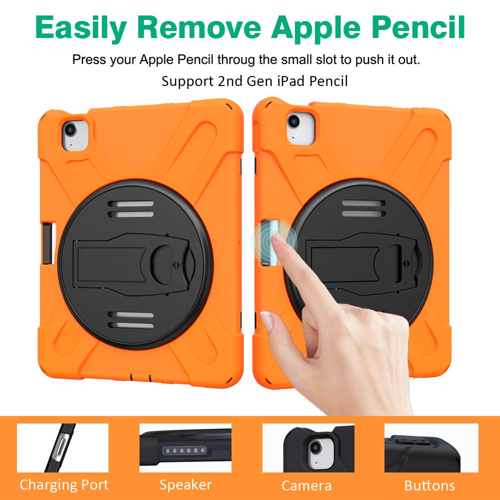 ZenRich iPad Air 5th/4th Generation Case - Shockproof Rugged Protective Cover with Pencil Holder, Stand & Adjustable Hand Strap for iPad Air 10.9 Inch (2022/2020 Model) - Perfect for Travel, Work & Outdoor Activities - Orange