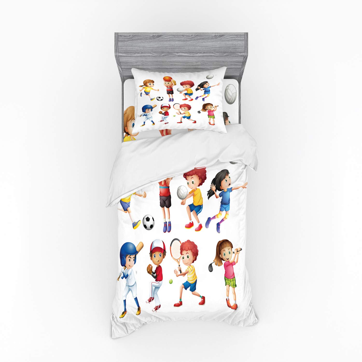 Ambesonne Sports Themed Duvet Cover Set - Soccer Baseball Basketball Volleyball Golf Tennis Design, 3-Piece Bedding Set with Pillow Sham & Fitted Sheet, Twin Size, Vibrant Multicolor - Perfect for Kids' Rooms, Dorm Decor, and Sports Enthusiasts' Bedrooms