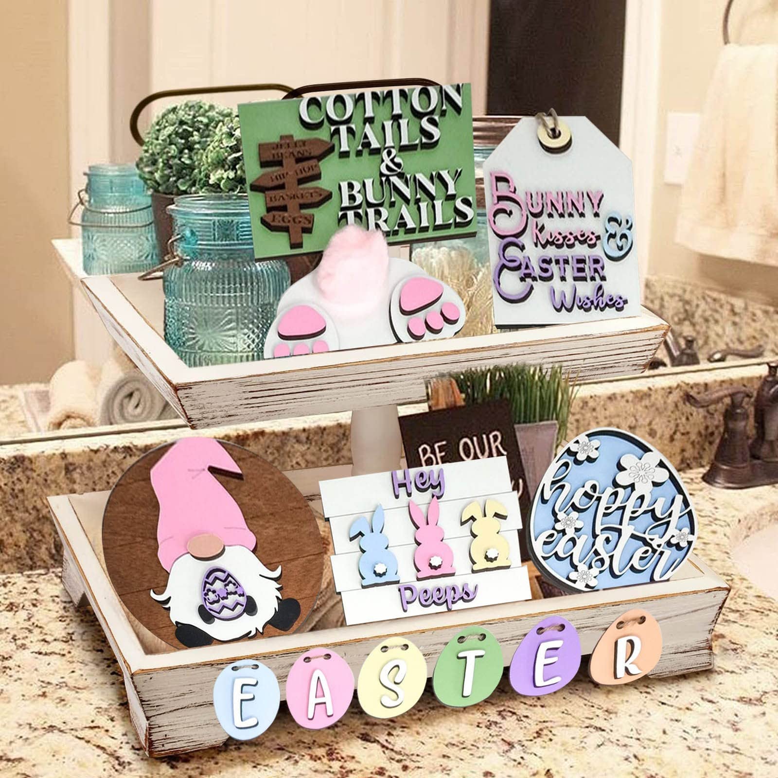 3D Mini Wooden Bunny Signs Easter Tiered Tray Decor - Rustic Wooden Easter Decorations for Home, Office & Party - Perfect for Spring Table Centerpiece, Easter Basket Fillers & Holiday Home Decor