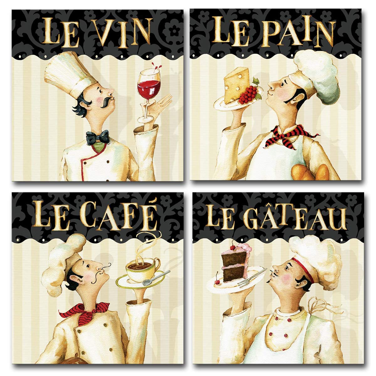French Chef Wine & Cake Kitchen Wall Art Canvas Set of 4 - Modern Dining Room Decor for Home & Restaurant | Perfect for Kitchen, Cafe & Dining Area Wall Decoration
