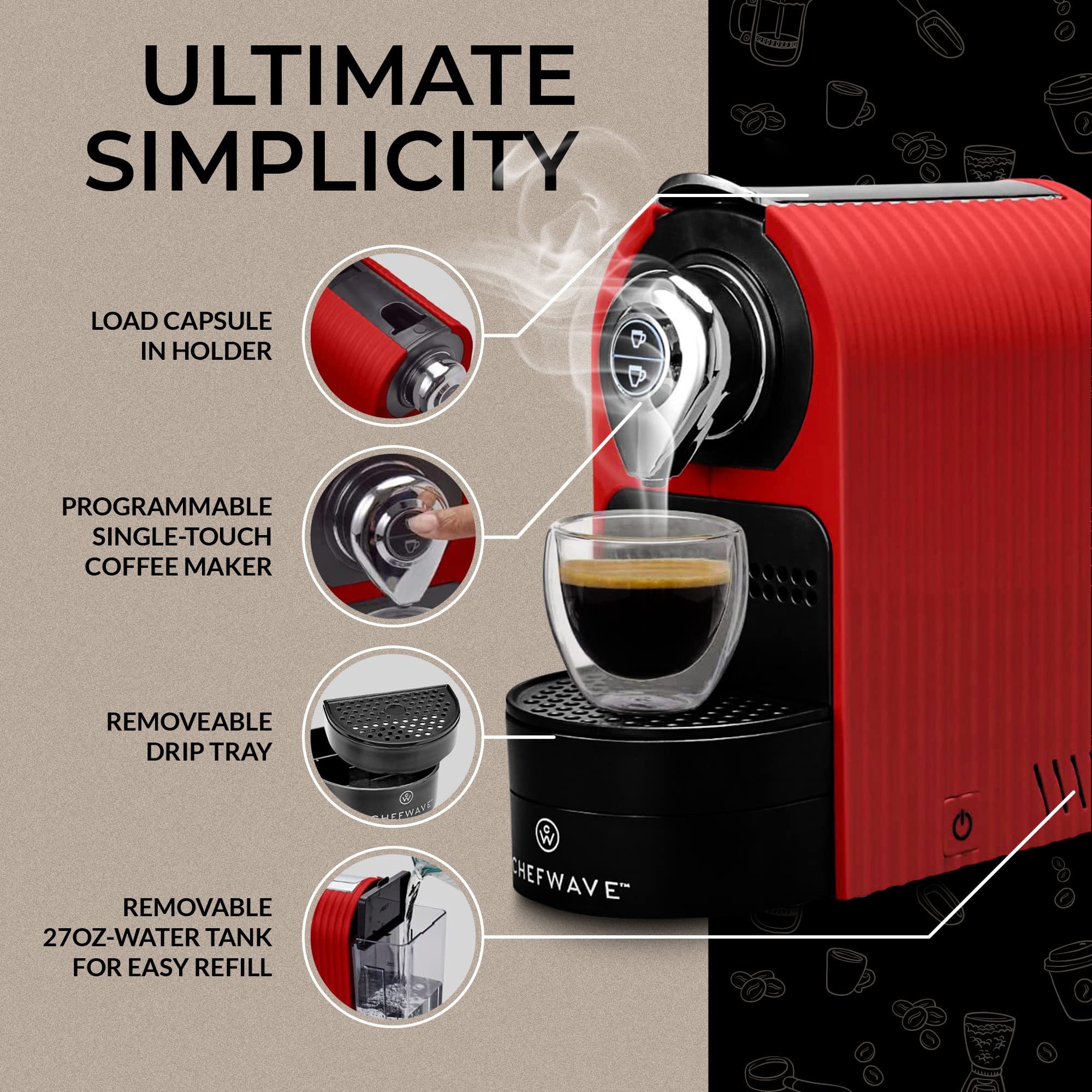 ChefWave Espresso Machine for Nespresso Compatible Capsules - 19 Bar Pressure, Fast Heat-Up, Red Coffee Maker with Capsule Holder, 2 Glass Cups & Descaling Powder - Perfect for Home, Office & Small Coffee Shops