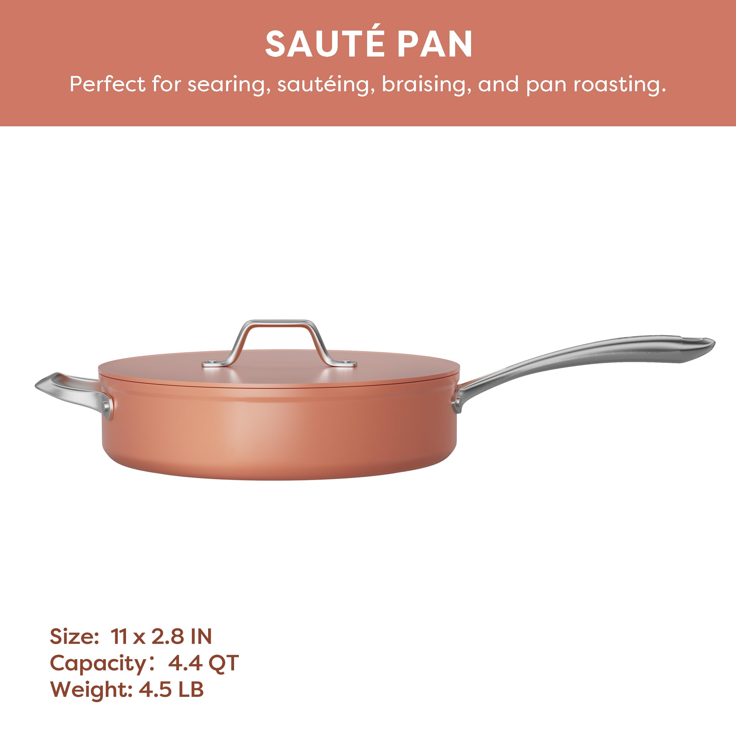 CIARRA 4.4 QT Nonstick Ceramic Saute Pan with Lid - PFOA Free, Oven Safe to 450°F - Deep Frying Pan for Gas, Electric & Induction Stovetops - 11 Inch Orange Cookware for Sauteing, Frying & Simmering - Perfect for Home Cooking & Professional Kitchens