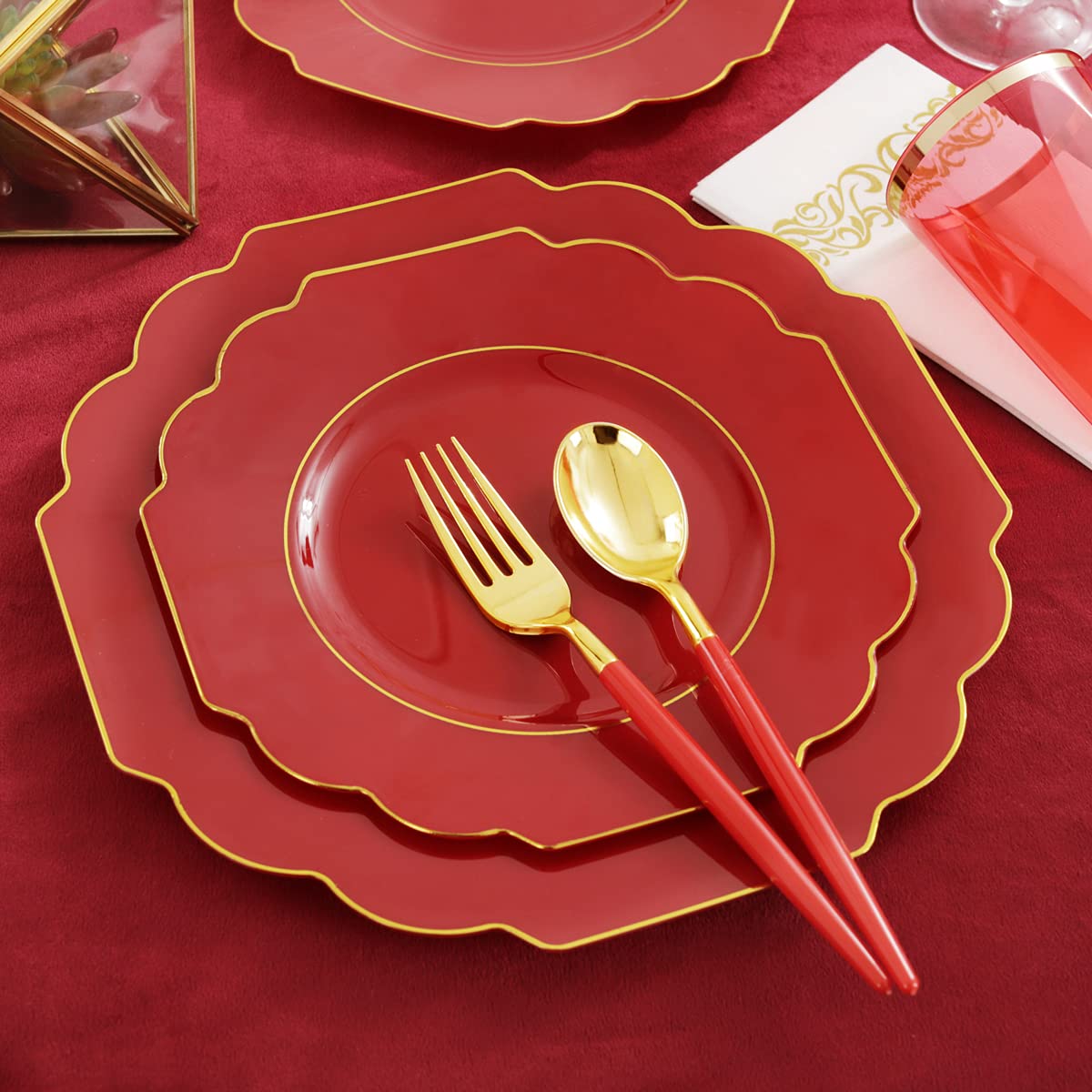 140-Piece Red and Gold Disposable Party Tableware Set - 40 Plastic Plates, 20 Cups, 20 Forks, 20 Knives, 20 Spoons & 20 Napkins for Weddings, Birthdays, Baby Showers & Holiday Gatherings - Elegant Dinnerware for Special Occasions