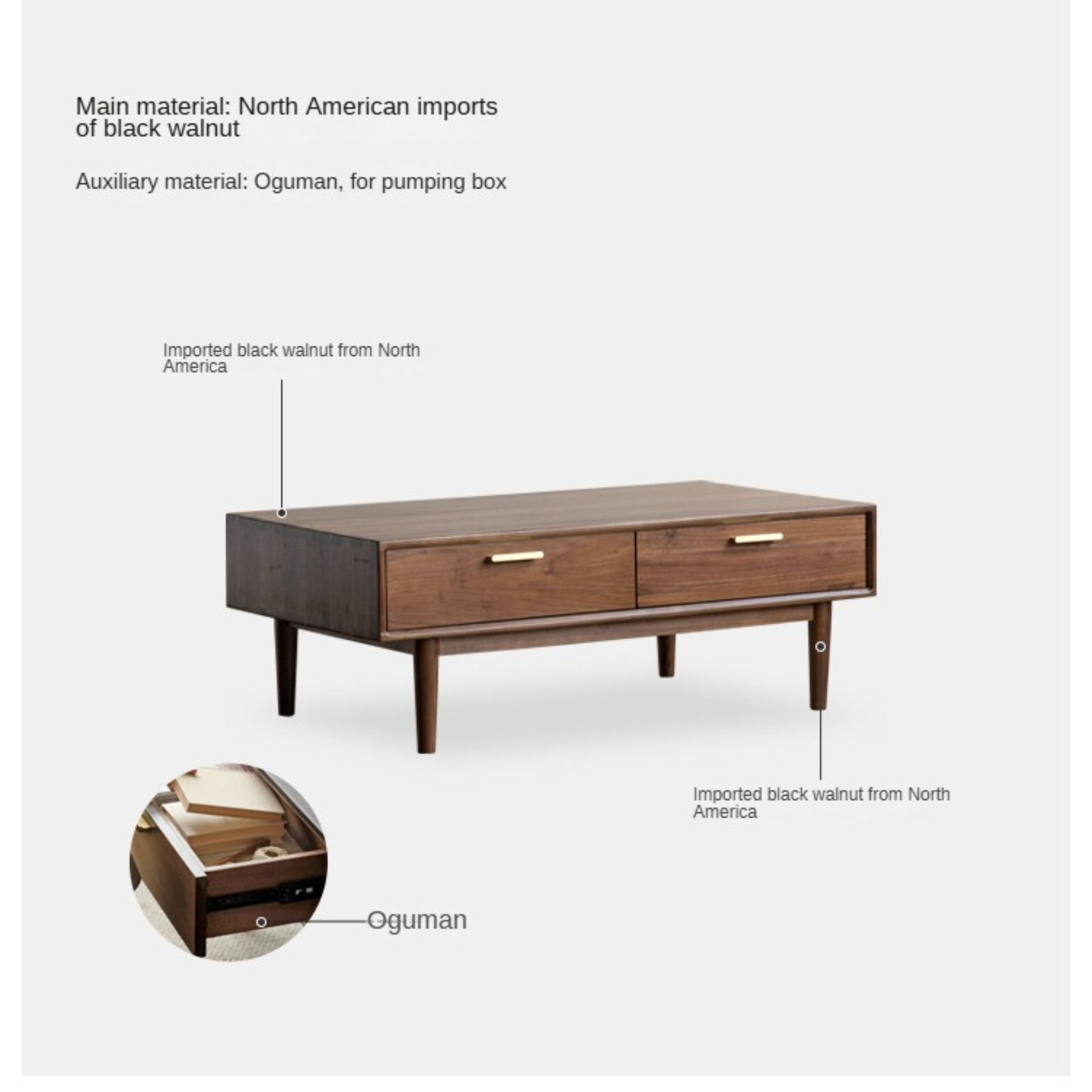 Solid Black Walnut Wood Storage Coffee Table with Rock Plate - Rustic Living Room Furniture for Home Decor & Organization