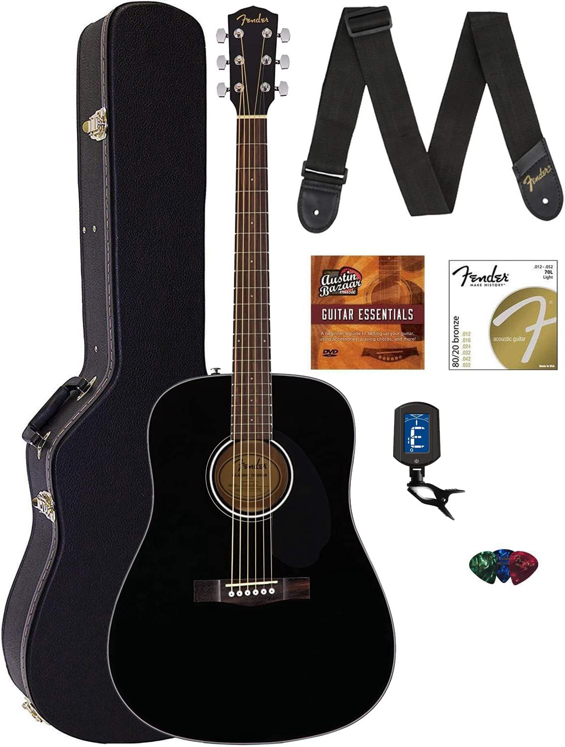 Fender CD-60S Solid Top Dreadnought Acoustic Guitar Bundle - Black with Hard Case, Tuner, Strap, Strings, Picks & Instructional DVD | Perfect for Beginners, Live Performances & Home Practice