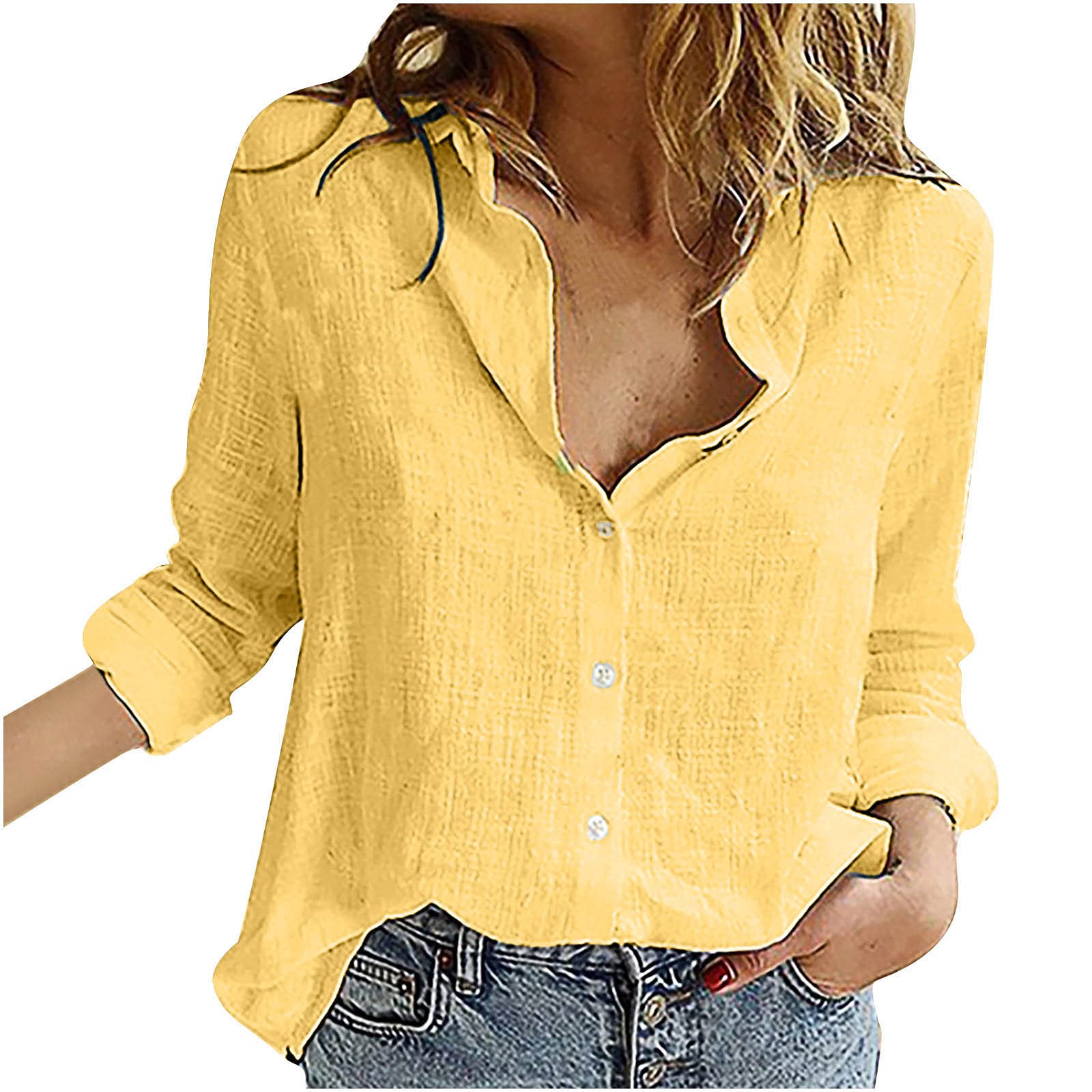 Women's Daisy Print Lapel V-Neck Long Sleeve Button Down Blouse - Summer Cotton Linen Top for Casual Wear, Office & Date Night Outfits