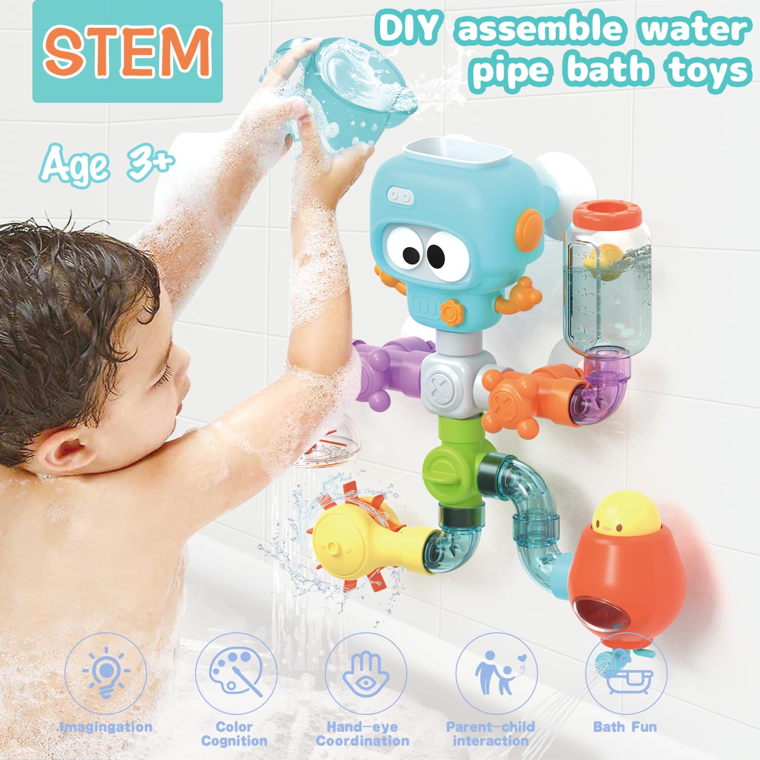 STEM Educational Bath Toys for Kids Ages 3-8 | 21-Piece DIY Water Pipe Building Kit | Mold-Free Bathtub Wall Toys | Engineering Learning Gift for Toddlers | Perfect for Bath Time Play & Early STEM Development