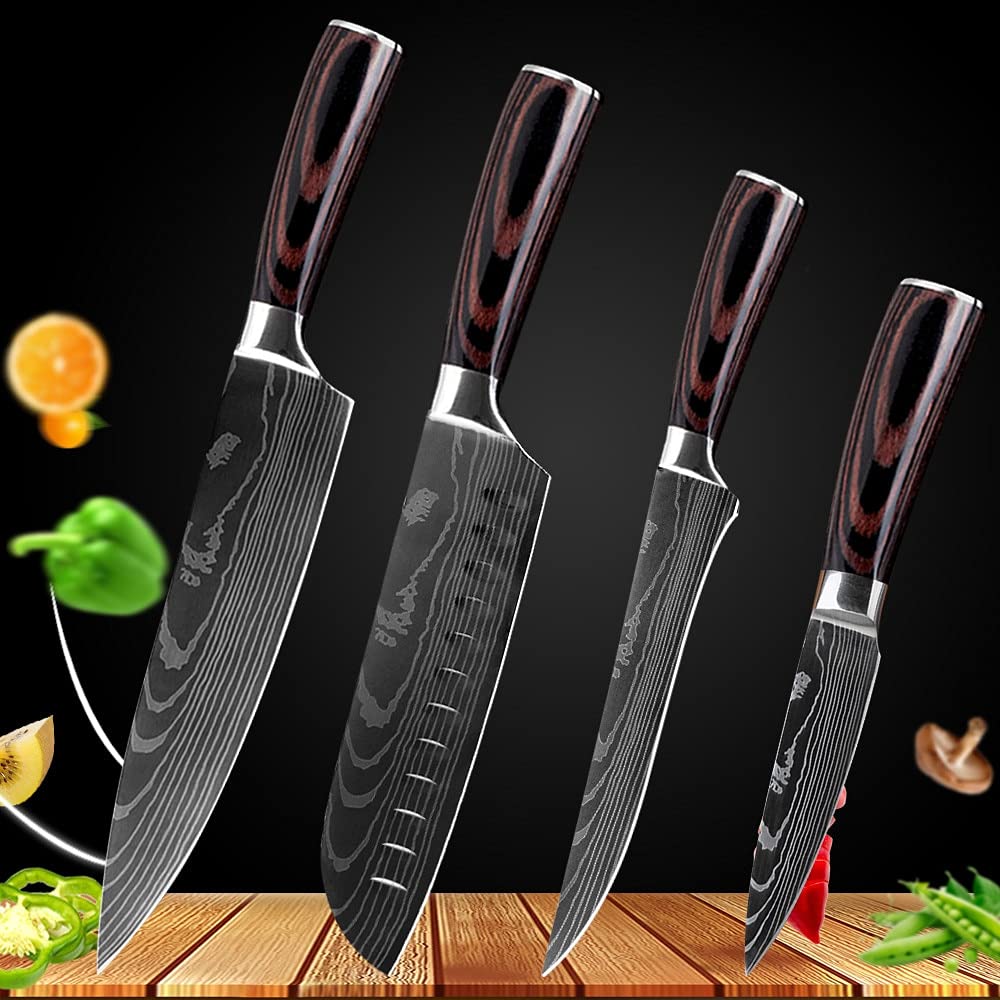 Premium Damascus Steel Japanese Chef Knife Set - 4-Piece Kitchen Knife Collection with Santoku, Utility & Slicing Knives for Professional Cooking & Food Prep | Perfect for Home Chefs & Culinary Enthusiasts