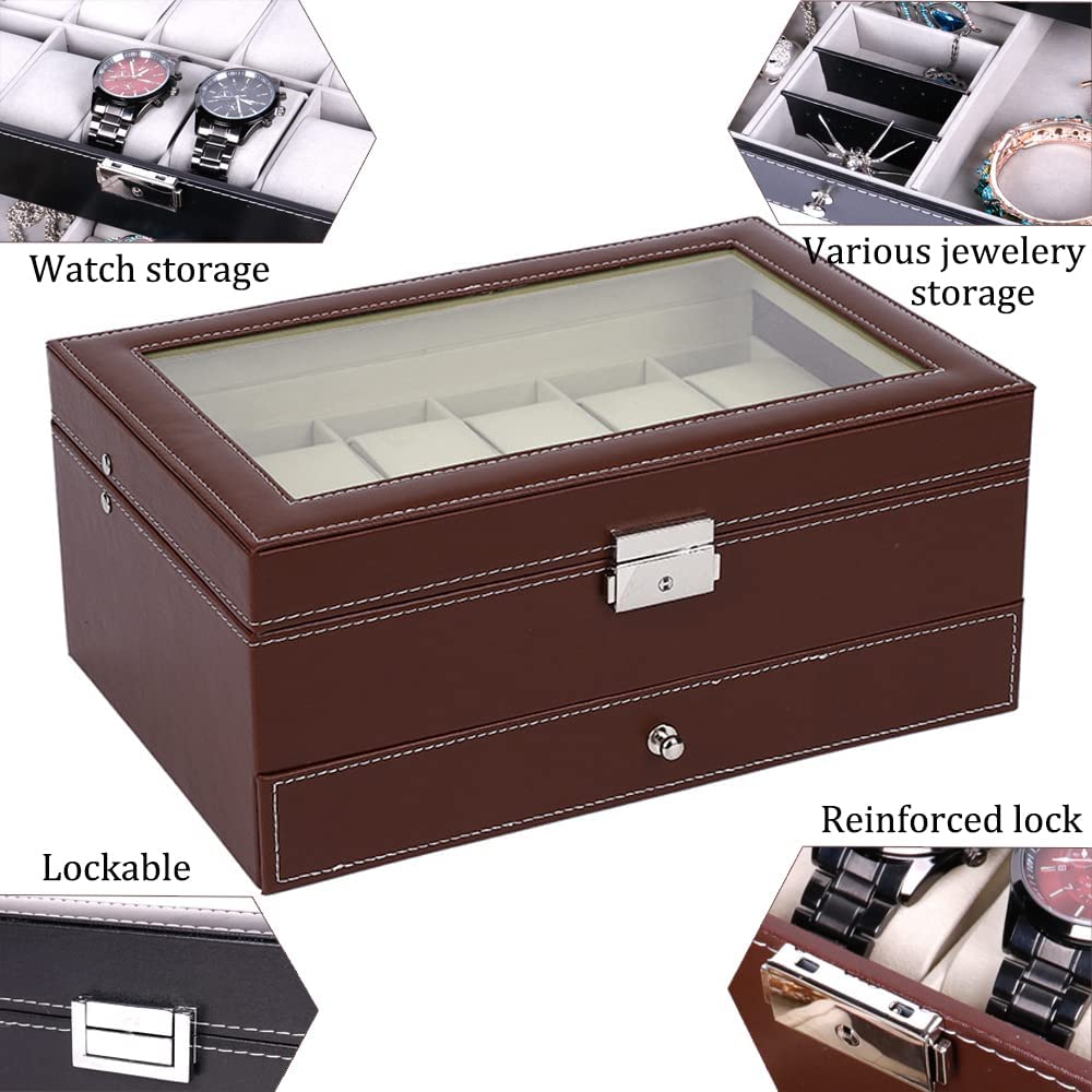 12-Slot PU Leather Lockable Watch and Jewelry Organizer Box - Brown | Secure Storage for Luxury Watches, Rings & Necklaces | Perfect for Travel, Home & Gift Giving