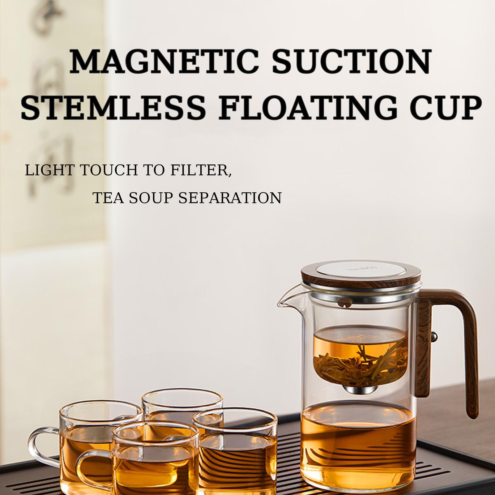 Enchanti Magnetic Press Control Glass Teapot with Wooden Handle & Strainer - 520ml & 720ml Options - Perfect for Loose Leaf Tea Brewing, Herbal Infusions & Tea Ceremonies - Water Separation Design for Easy Pouring (520ml Pot Only)