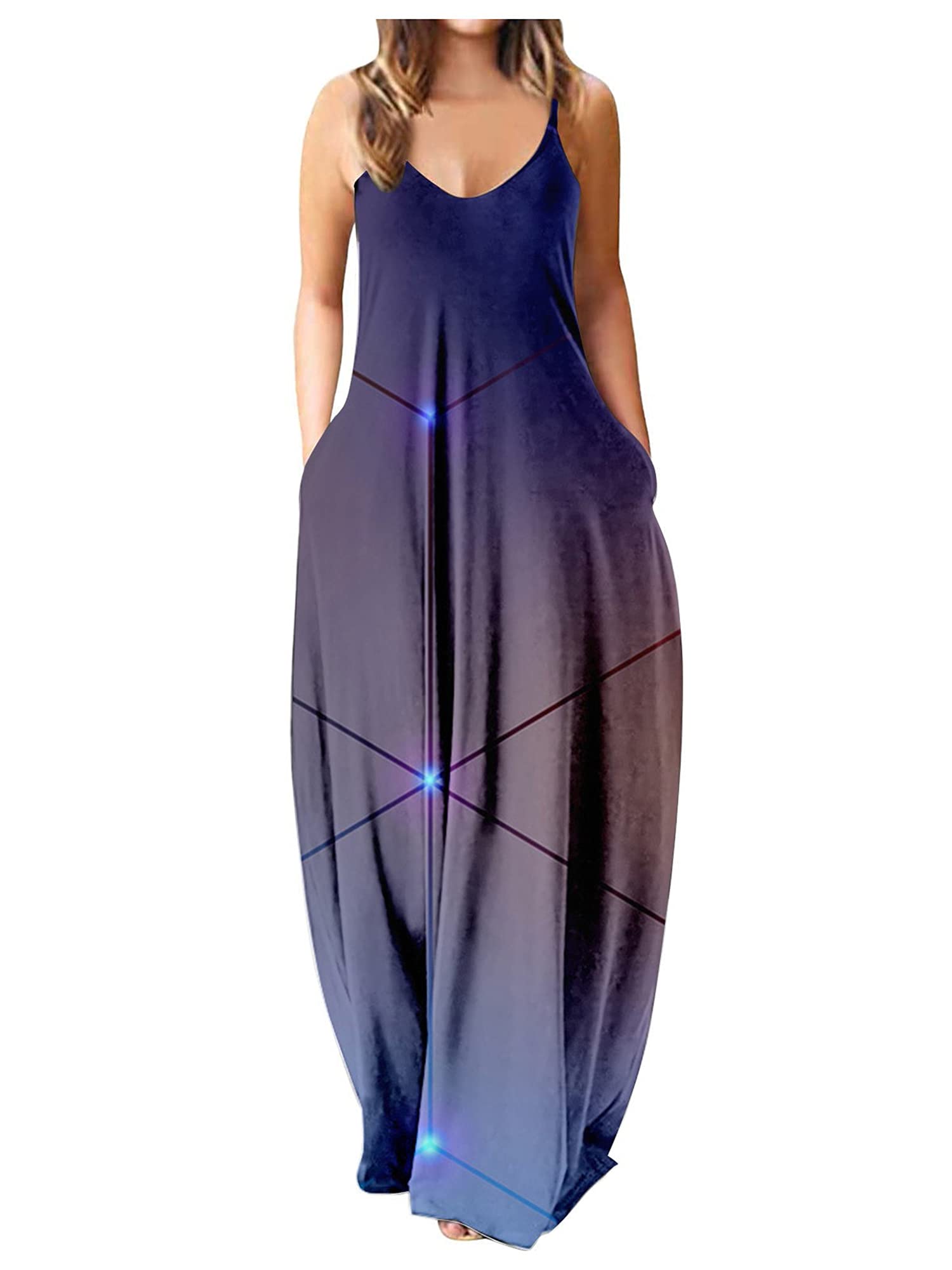 MAINESAKA Women's Bohemian Floral Print Long Maxi Dress - Casual Spaghetti Strap Summer Dress with Pockets for Beach, Vacation & Outdoor Parties