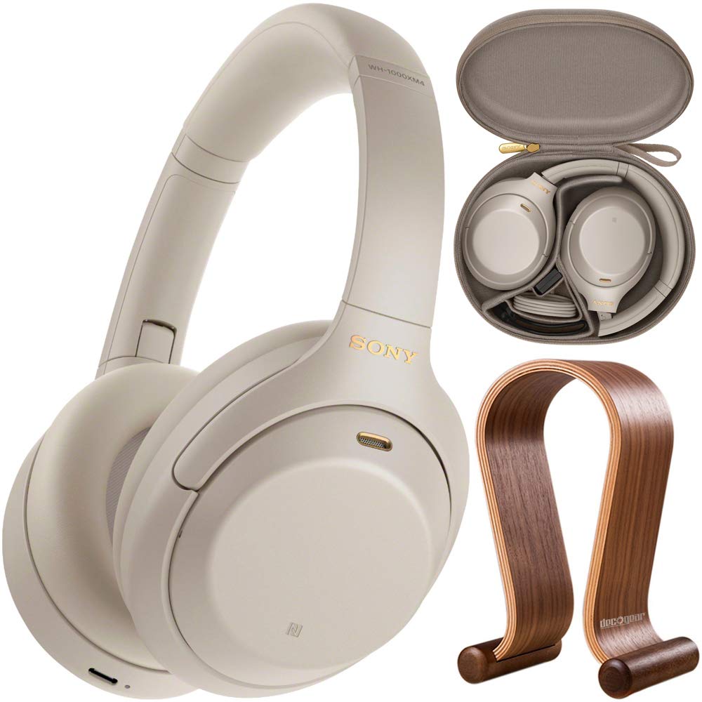 Sony WH-1000XM4 Premium Noise Cancelling Wireless Over-Ear Headphones with Wooden Display Stand & Travel Case - Perfect for Home, Office, and Travel Use