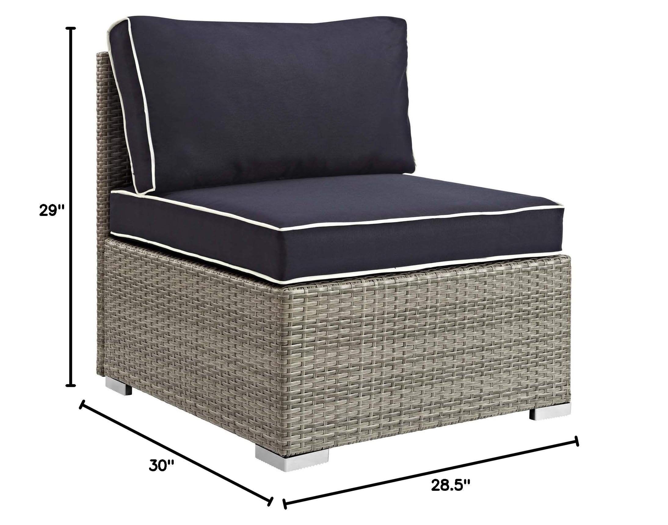 Modway Repose Wicker Rattan Outdoor Patio Armless Sectional Sofa Chair with Cushions - Light Gray & Navy - Perfect for Backyard, Poolside & Garden Relaxation